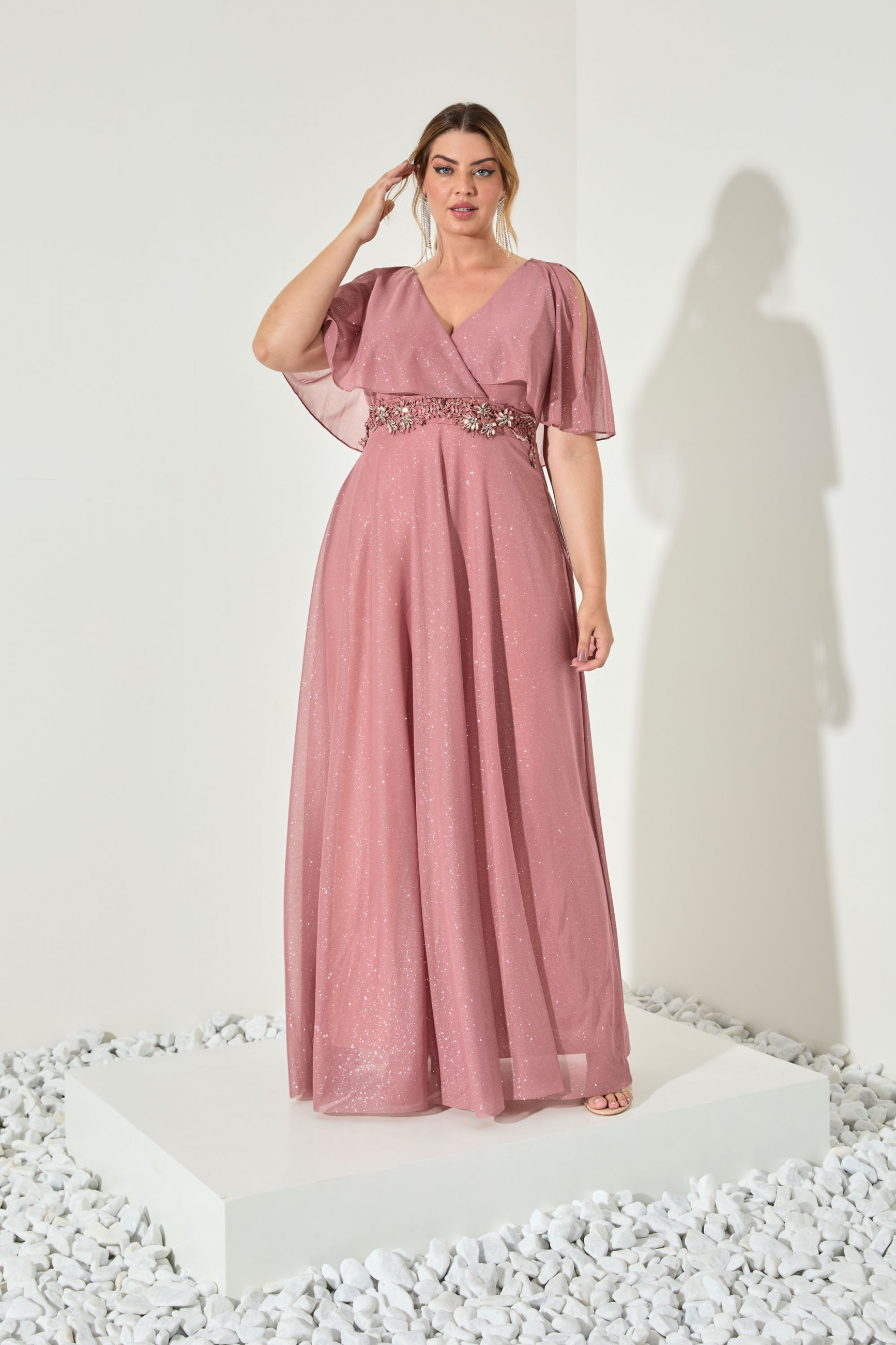 Vestido Festa Madrinha Plus Rose   babado bordado glitter Longo Ladydress