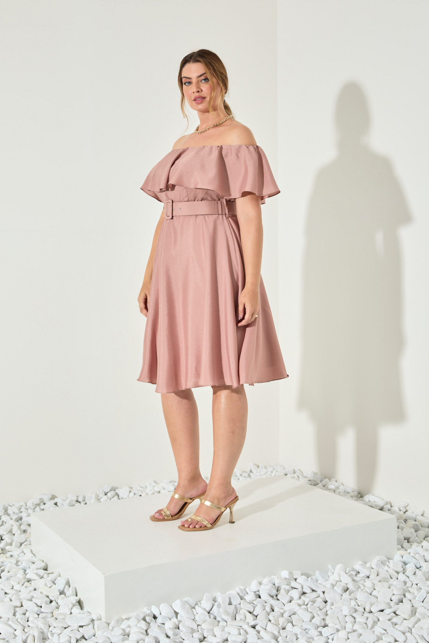 Vestido Festa Madrinha Plus Rose  ombro Curto Ladydress