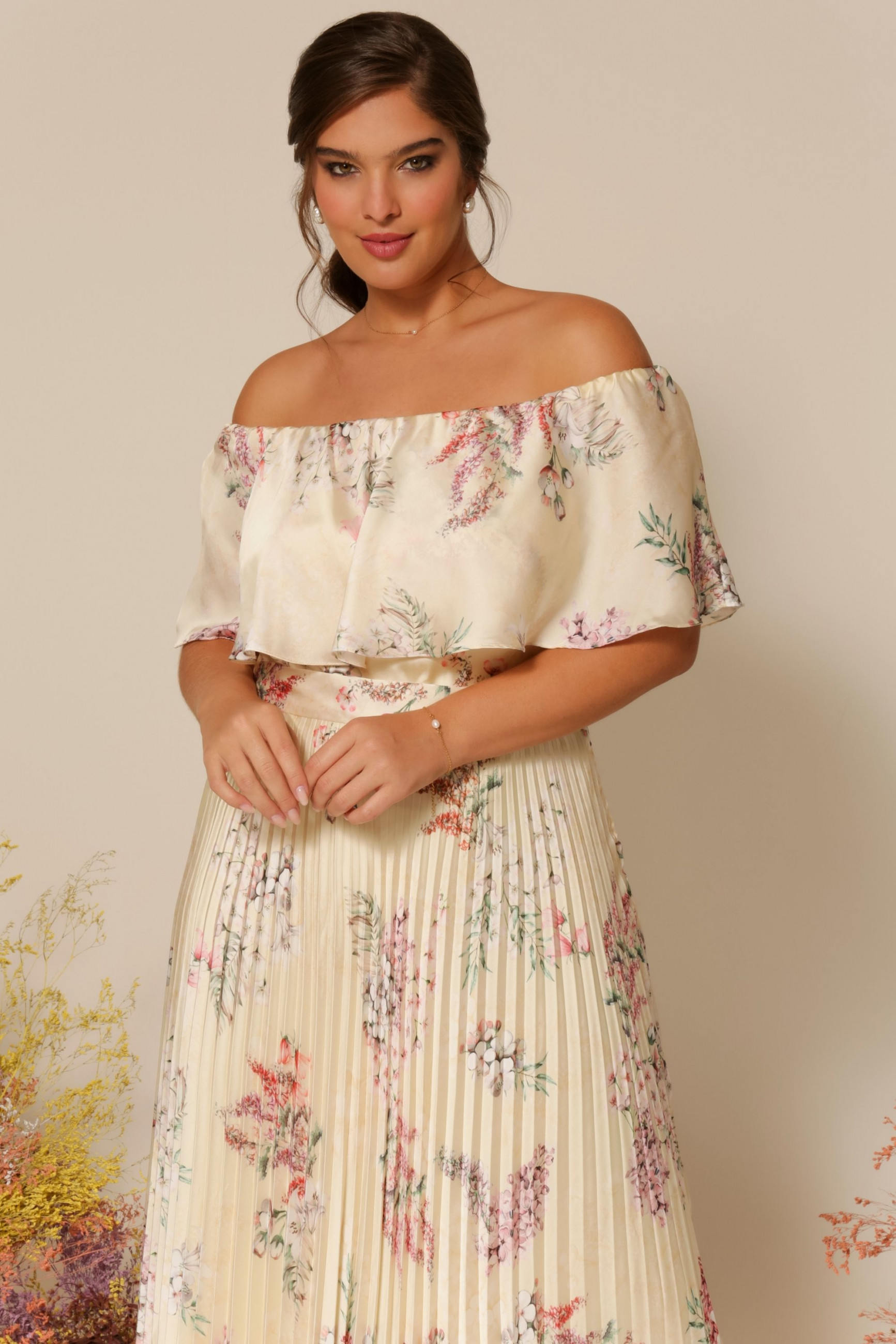 Vestido Festa Madrinha Plus Size Amarelo Estampado plissado Longo Ladydress