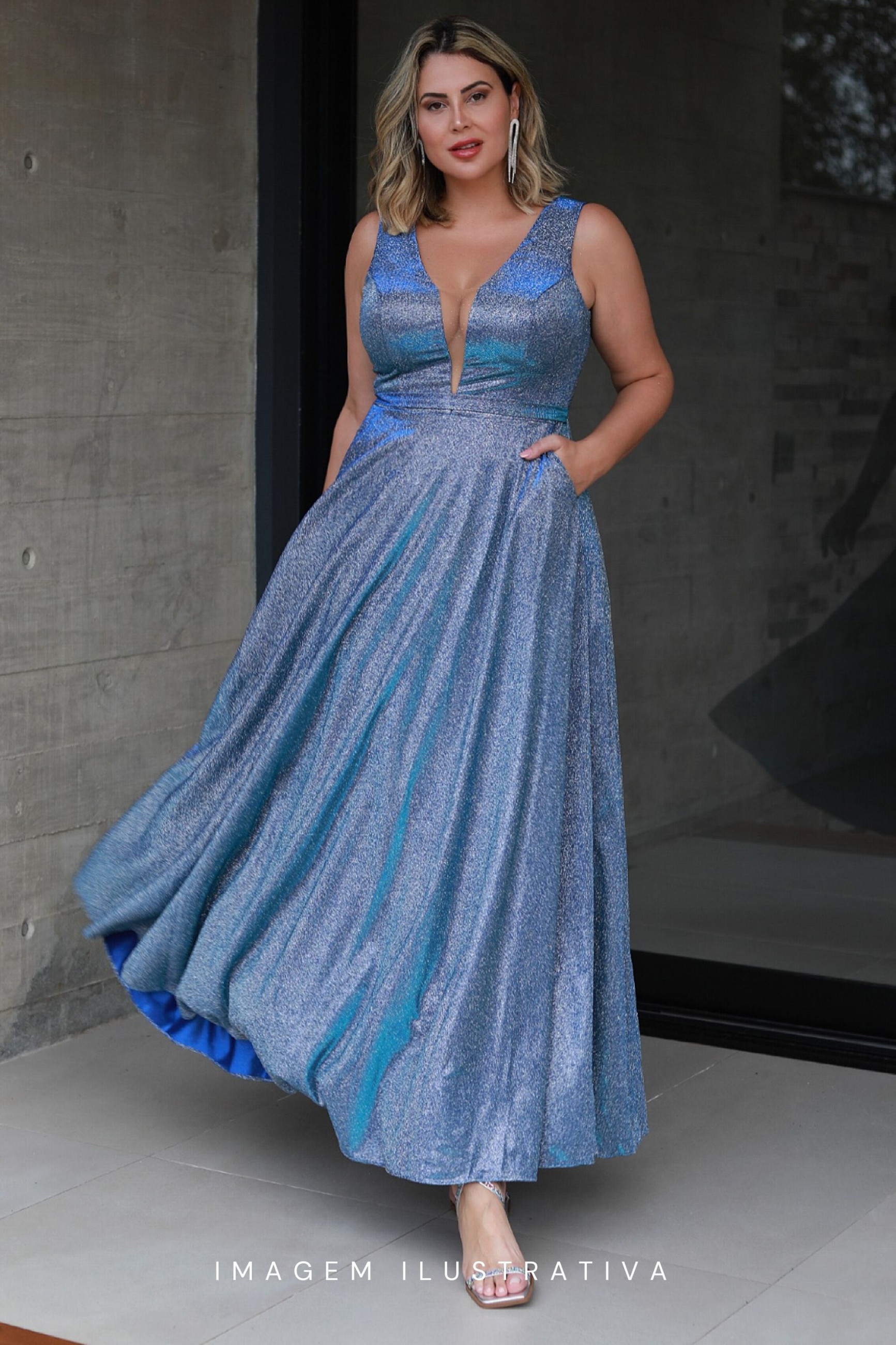 Vestido Festa Madrinha Plus Size Azul  glitter Longo Ladydress