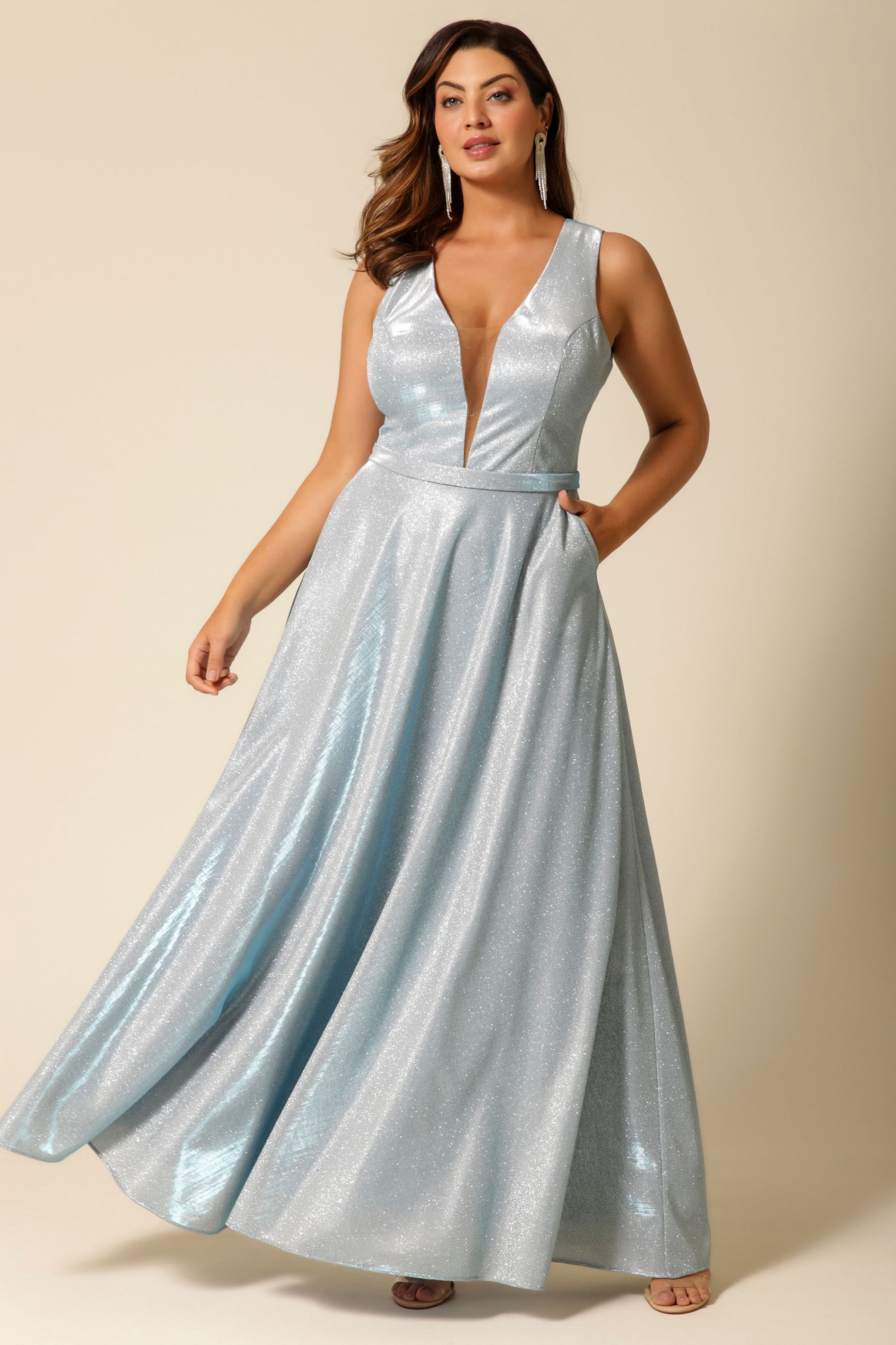 Vestido Festa Madrinha Plus Size Azul Serenity  alça decote V Longo Ladydress