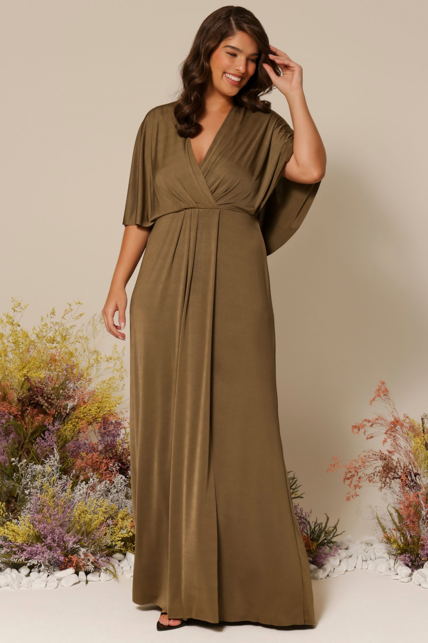 Vestido Festa Madrinha Plus Size Dourado  decote transpassado Longo Ladydress