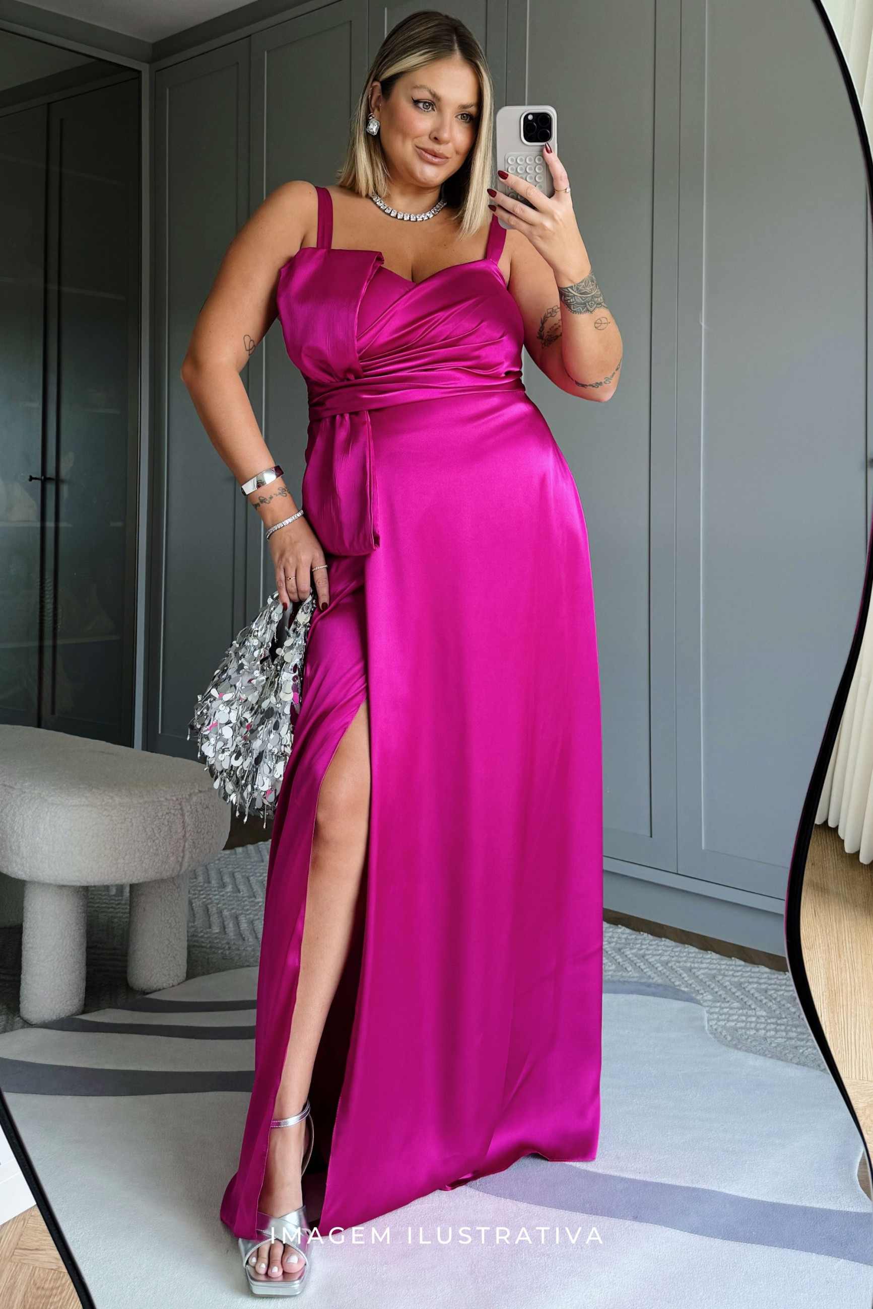 Vestido Festa Madrinha Plus Size Fúcsia   Longo Ladydress