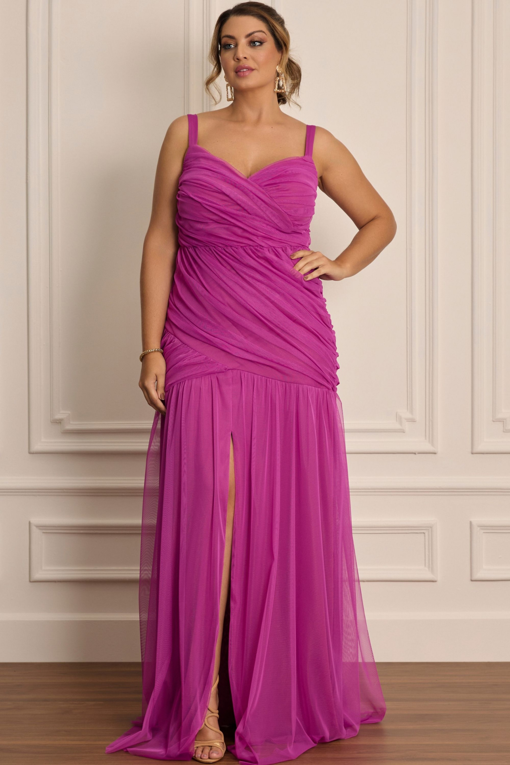 Vestido Festa Madrinha Plus Size Fúcsia   Longo Ladydress