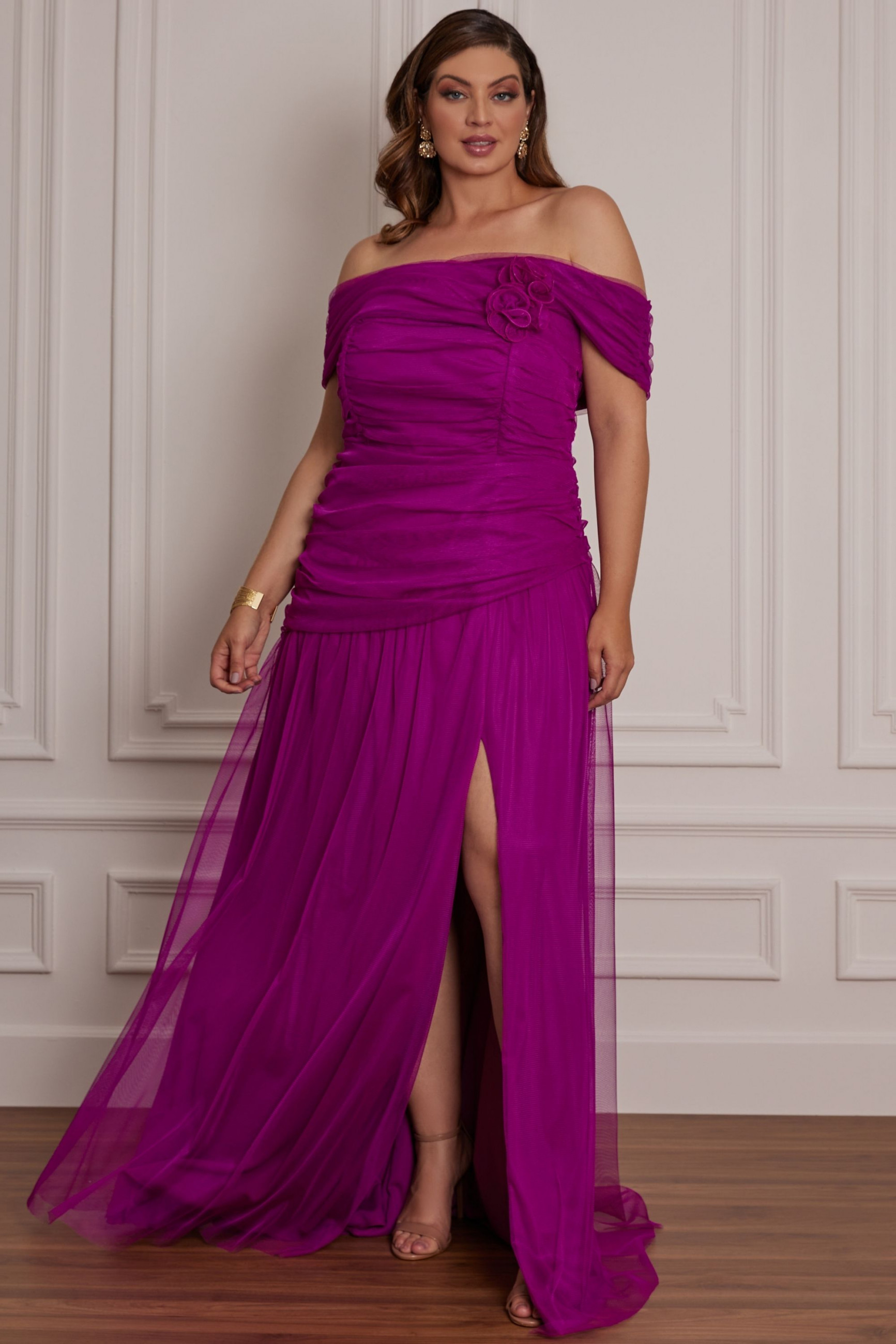 Vestido Festa Madrinha Plus Size Fúcsia   Longo Ladydress