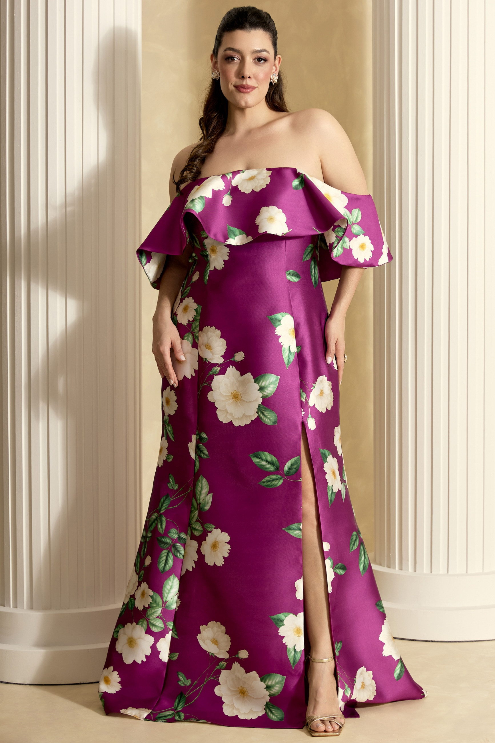 Vestido de Festa Longo Plus Size Estampado Fúcsia Manu Ladydress