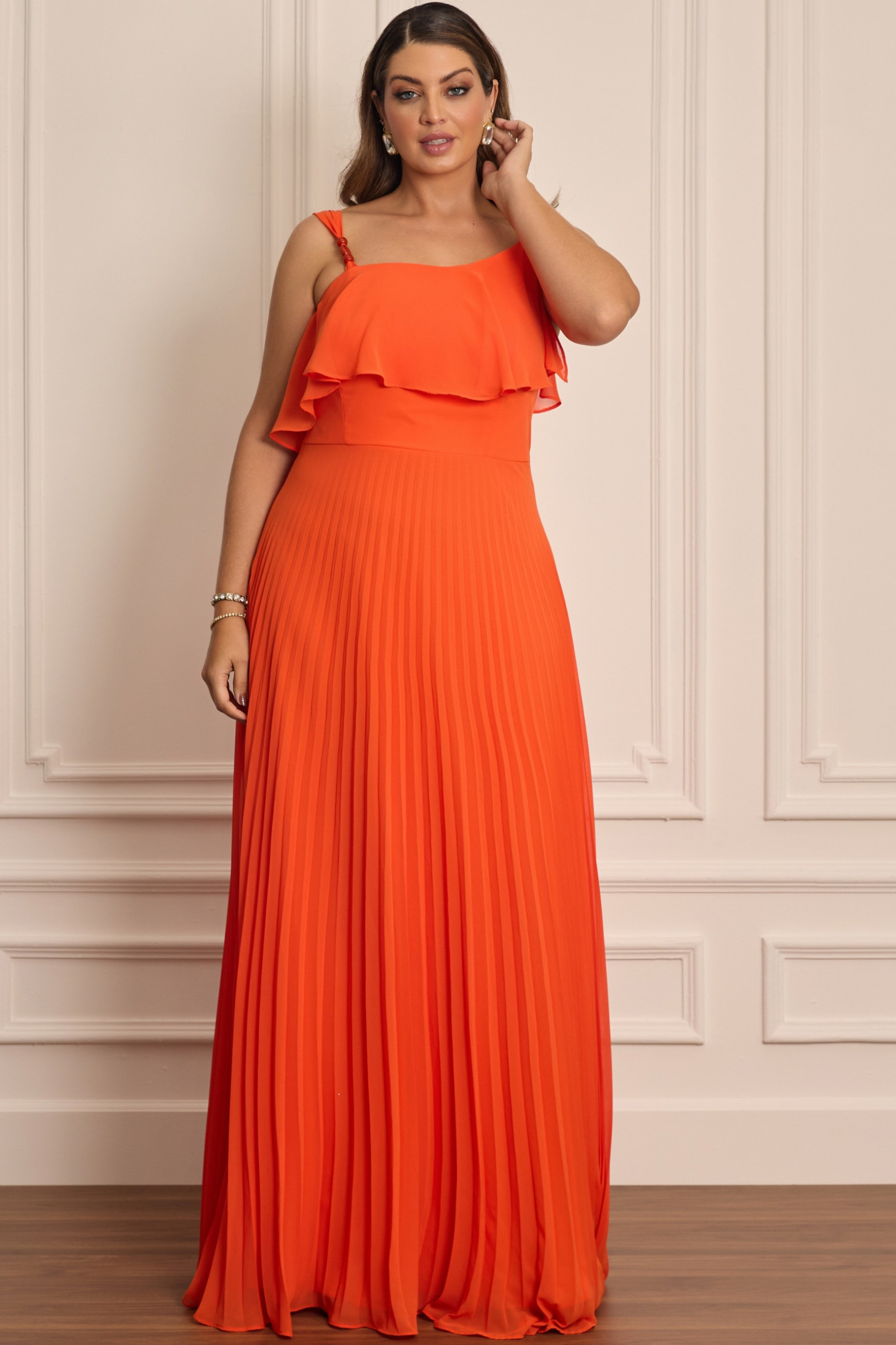 Vestido Festa Madrinha Plus Size Laranja   Longo Ladydress