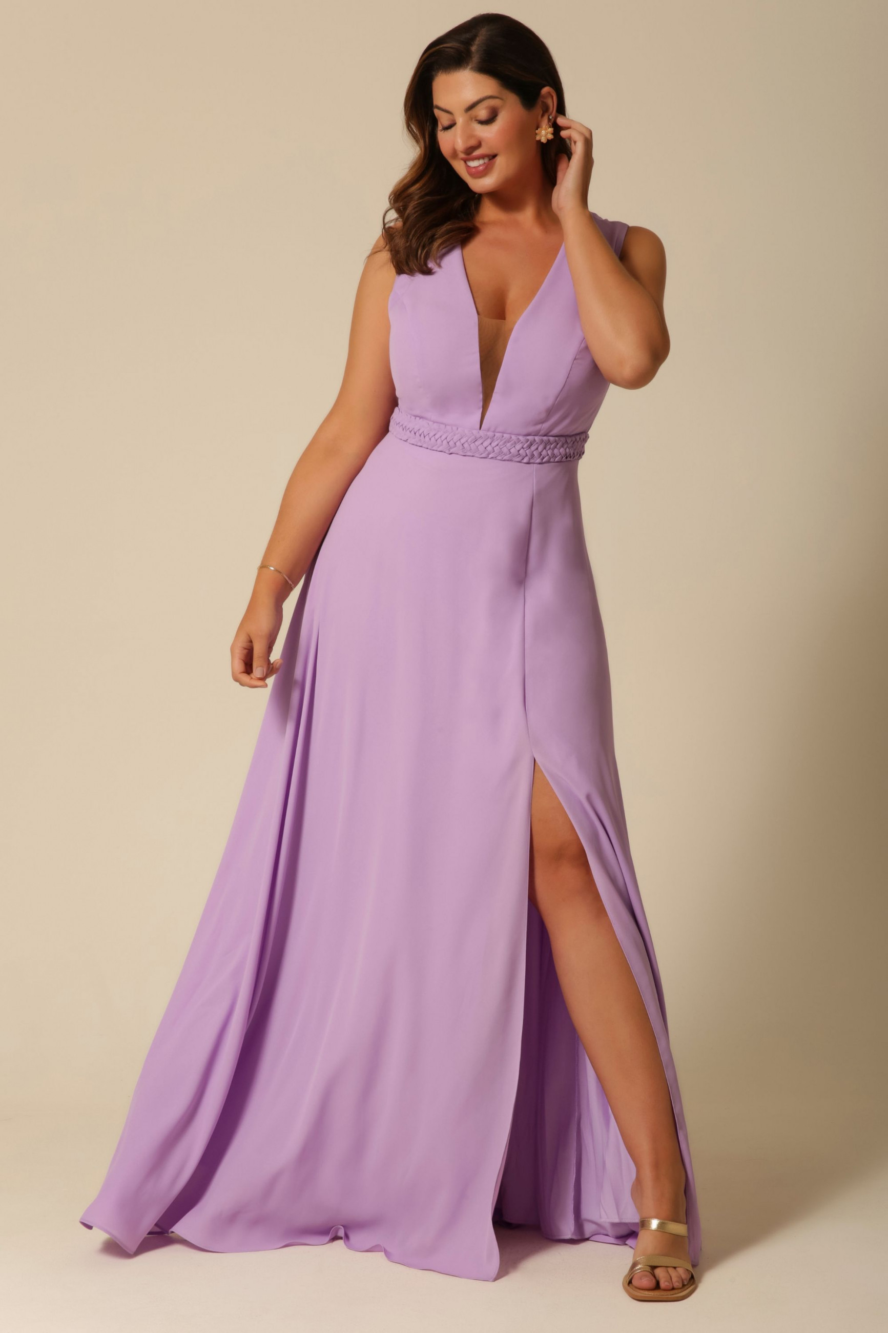 Vestido Festa Madrinha Plus Size Lavanda  decote Longo Ladydress