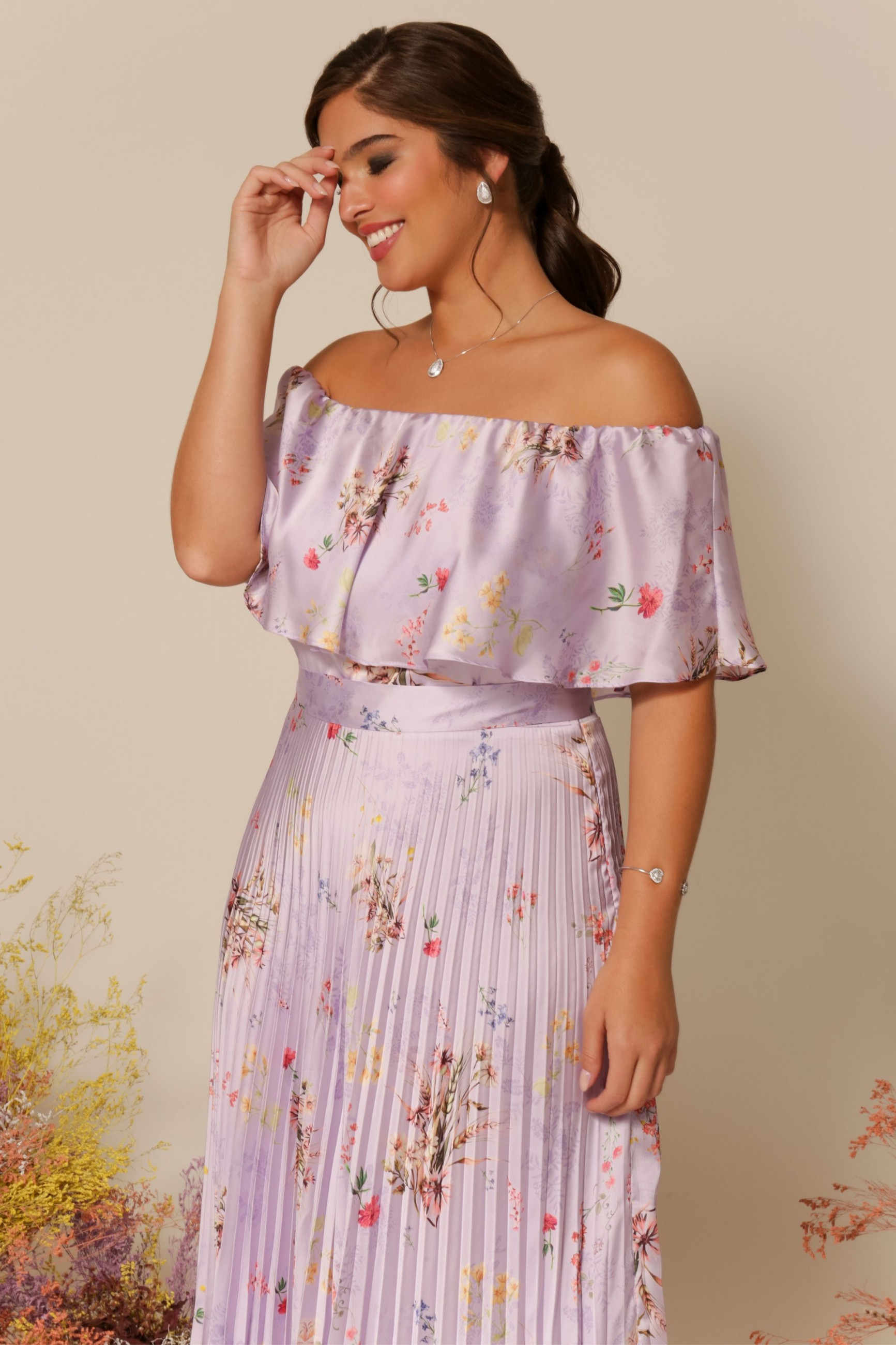 Vestido Festa Madrinha Plus Size Lavanda Estampado plissado Longo Ladydress