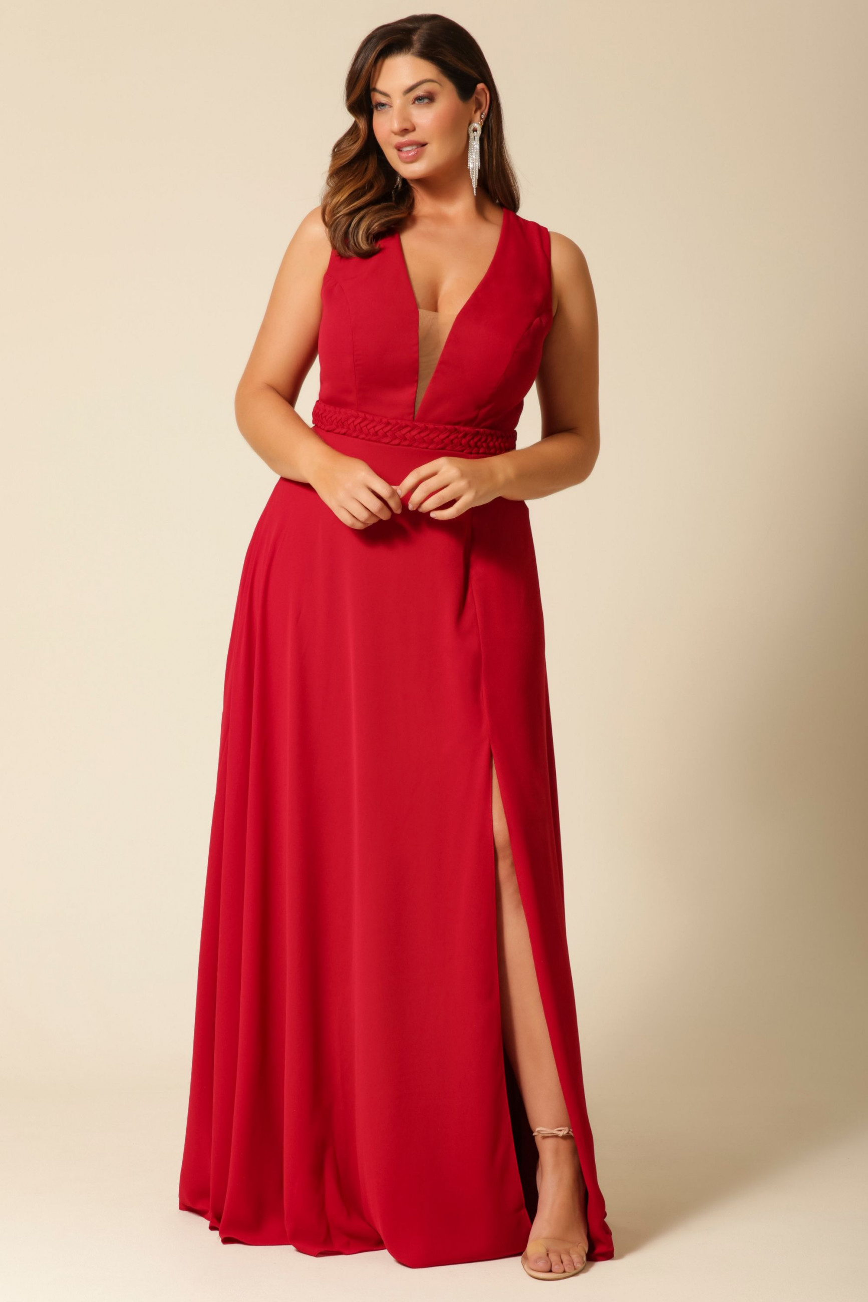 Vestido Festa Madrinha Plus Size Marsala  decote Longo Ladydress