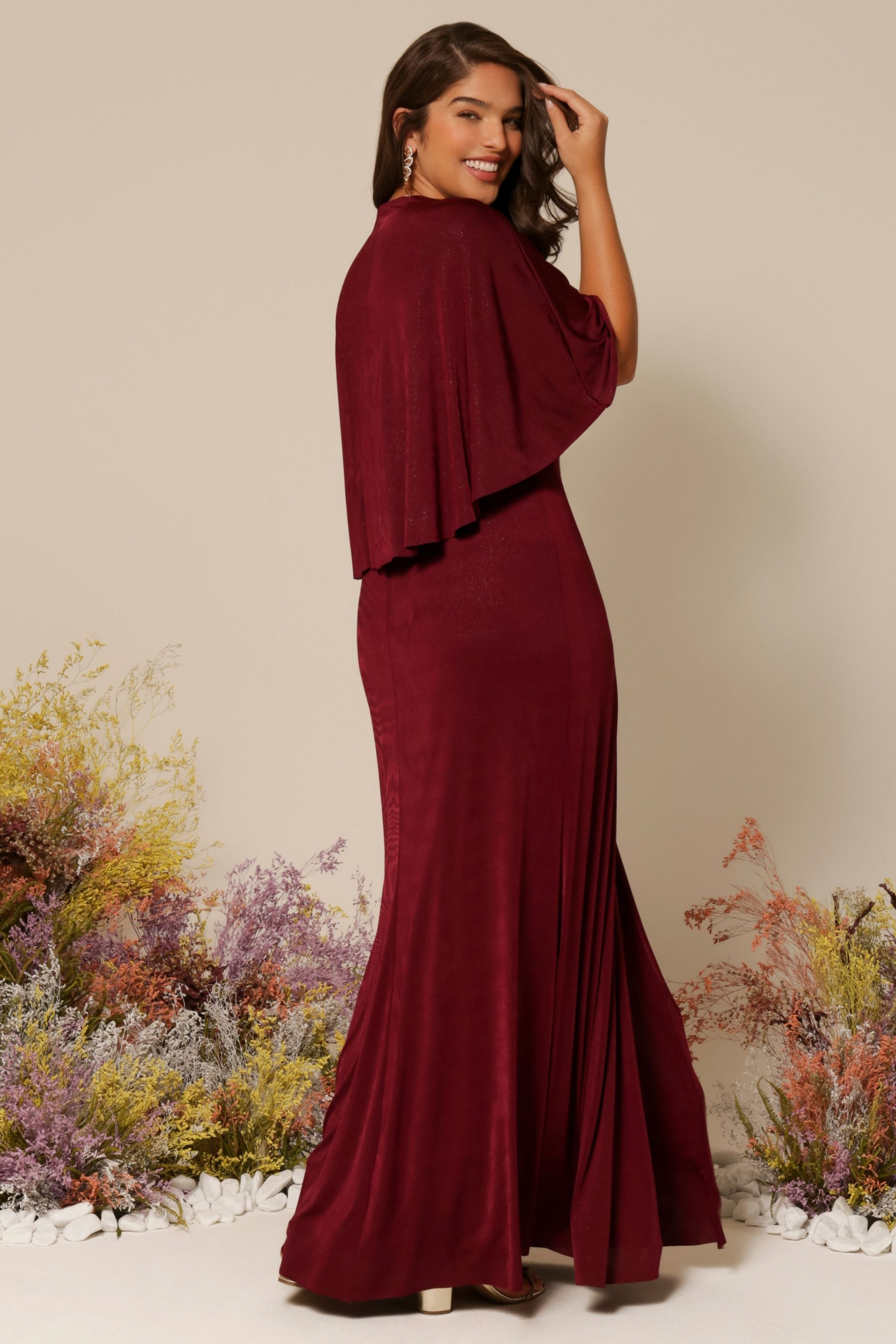 Vestido Festa Madrinha Plus Size Marsala  decote transpassado Longo Ladydress