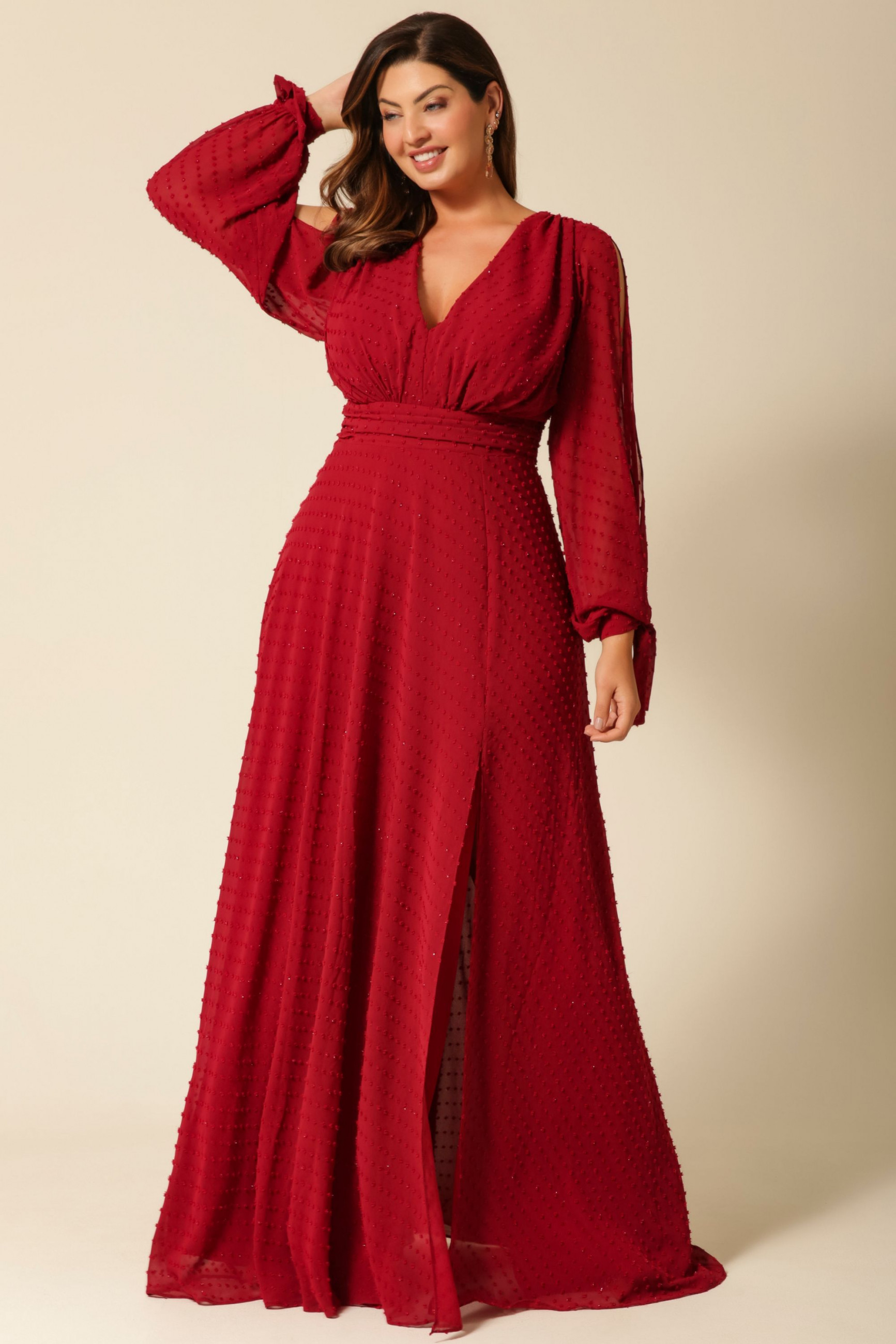 Vestido Festa Madrinha Plus Size Marsala  Decote V Longo Ladydress