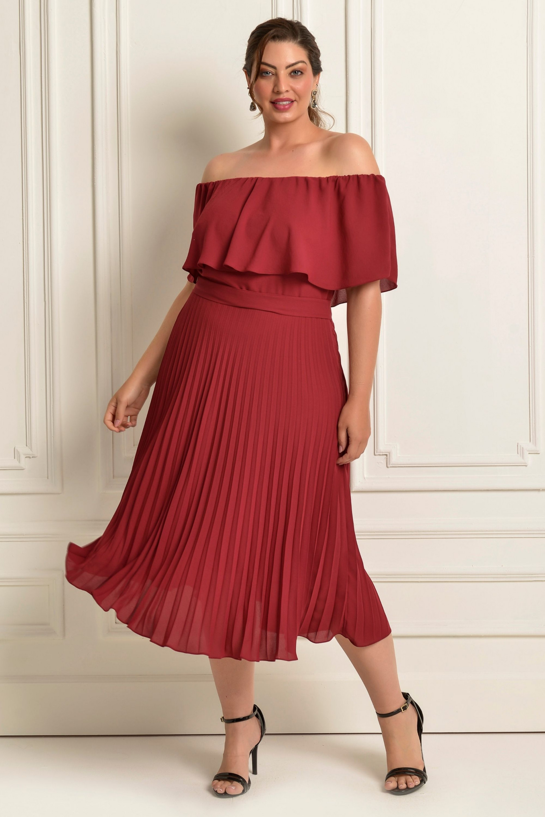 Vestido Festa Madrinha Plus Size Marsala  plissado Midi Ladydress