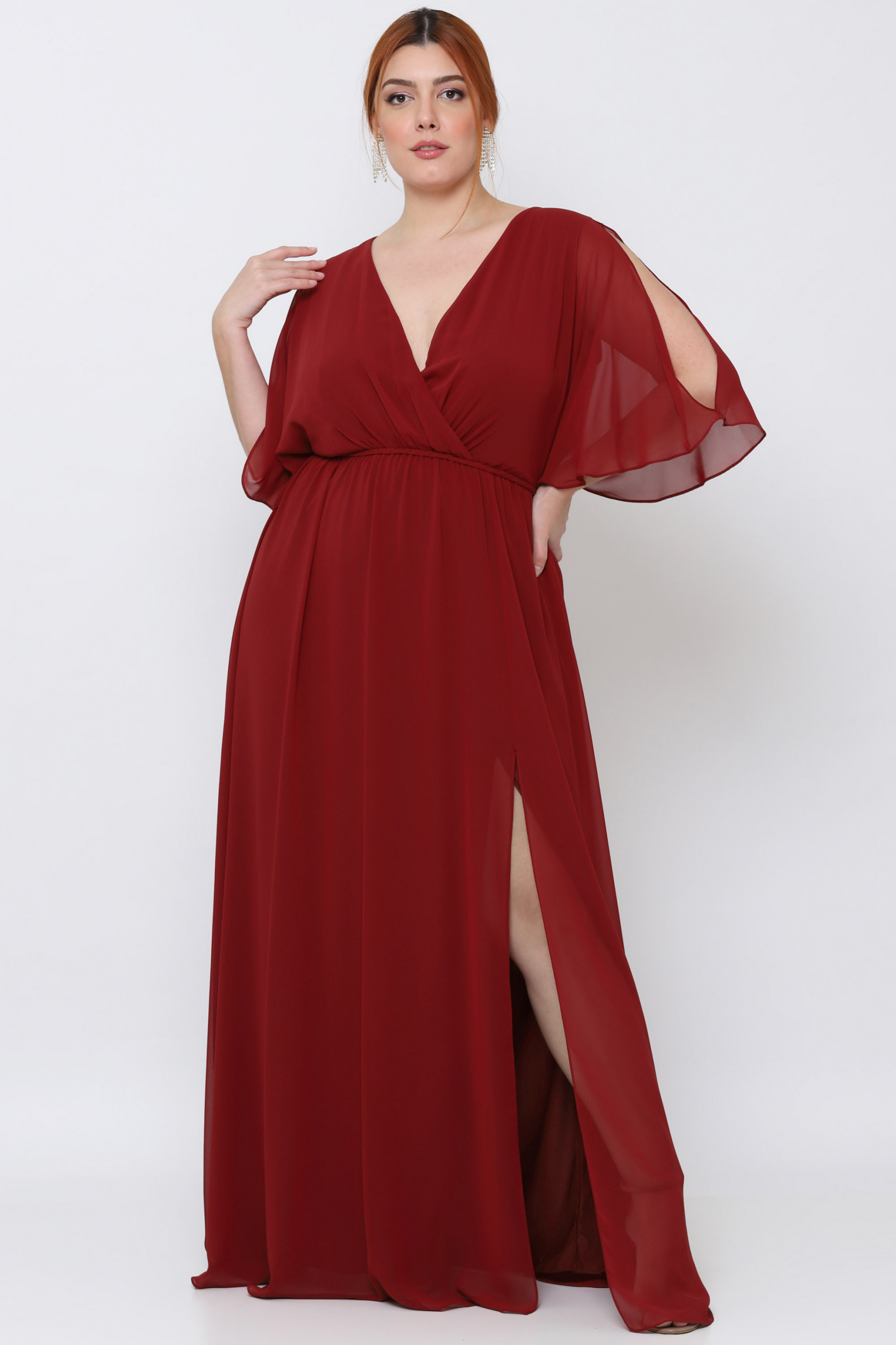 Vestido Festa Madrinha Plus Size Marsala Chiffon Decote V Fenda Manga Longo Ladydress