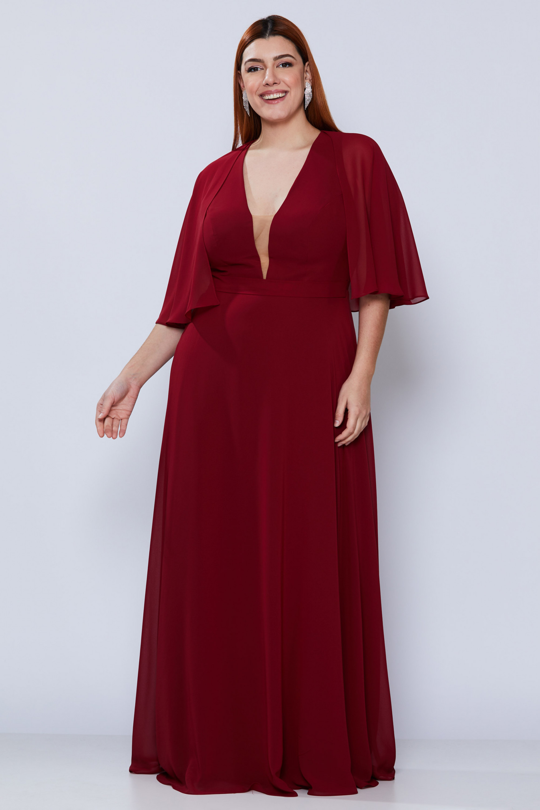Vestido Festa Madrinha Plus Size Marsala Chiffon Decote V Tule Manga Longo Ladydress