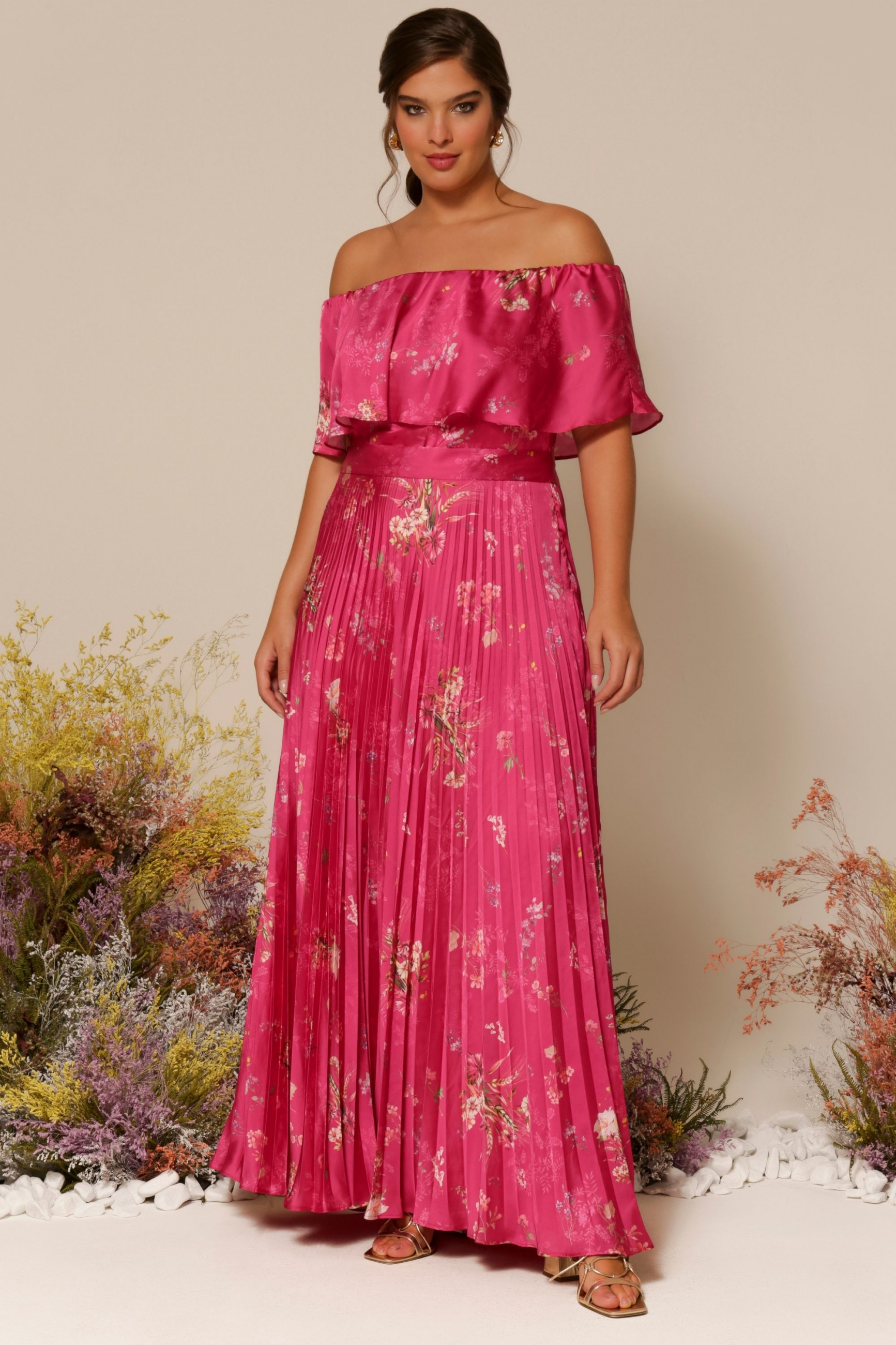 Vestido Festa Madrinha Plus Size Pink Estampado plissado Longo Ladydress