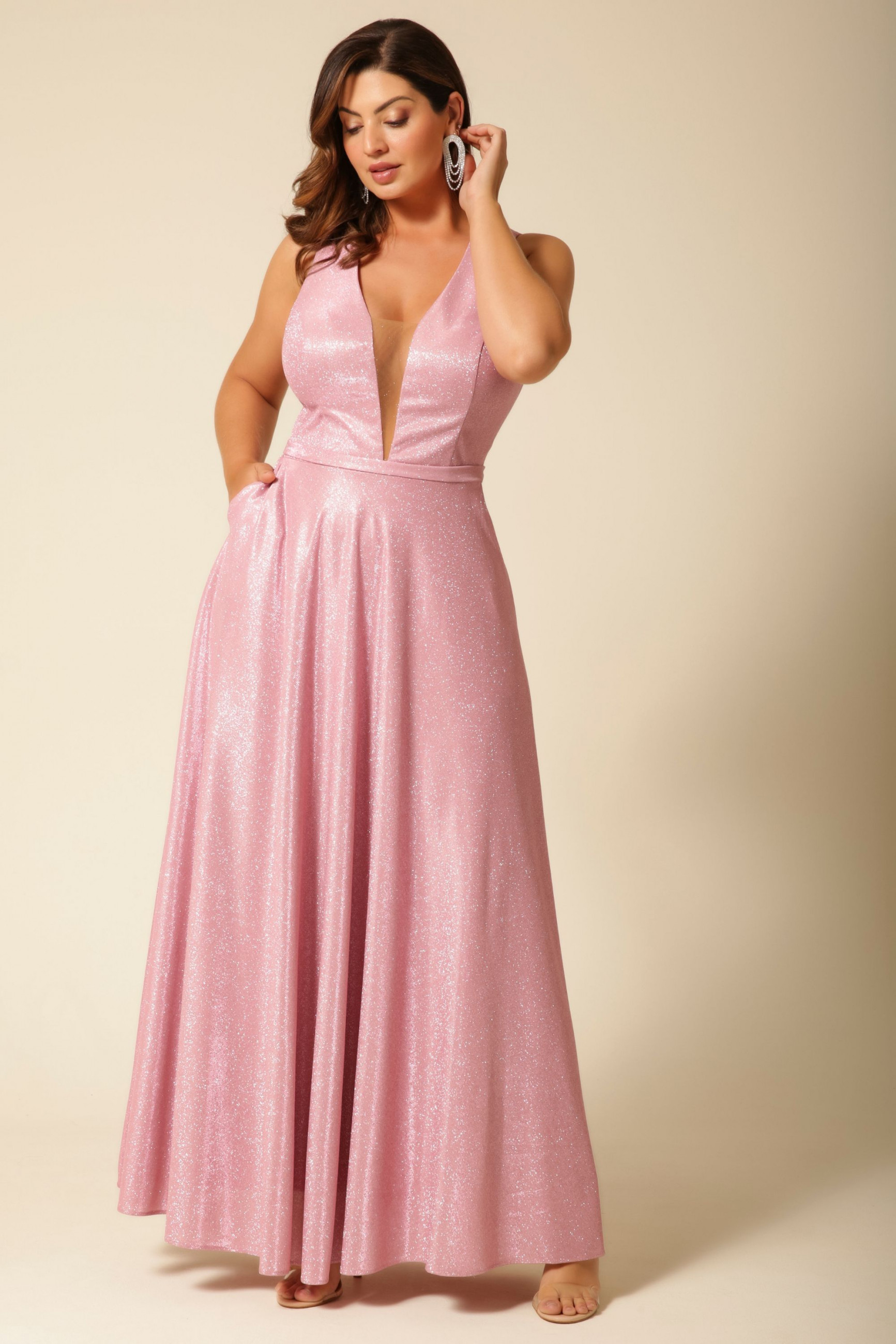 Vestido Festa Madrinha Plus Size Rosa  alça decote V Longo Ladydress
