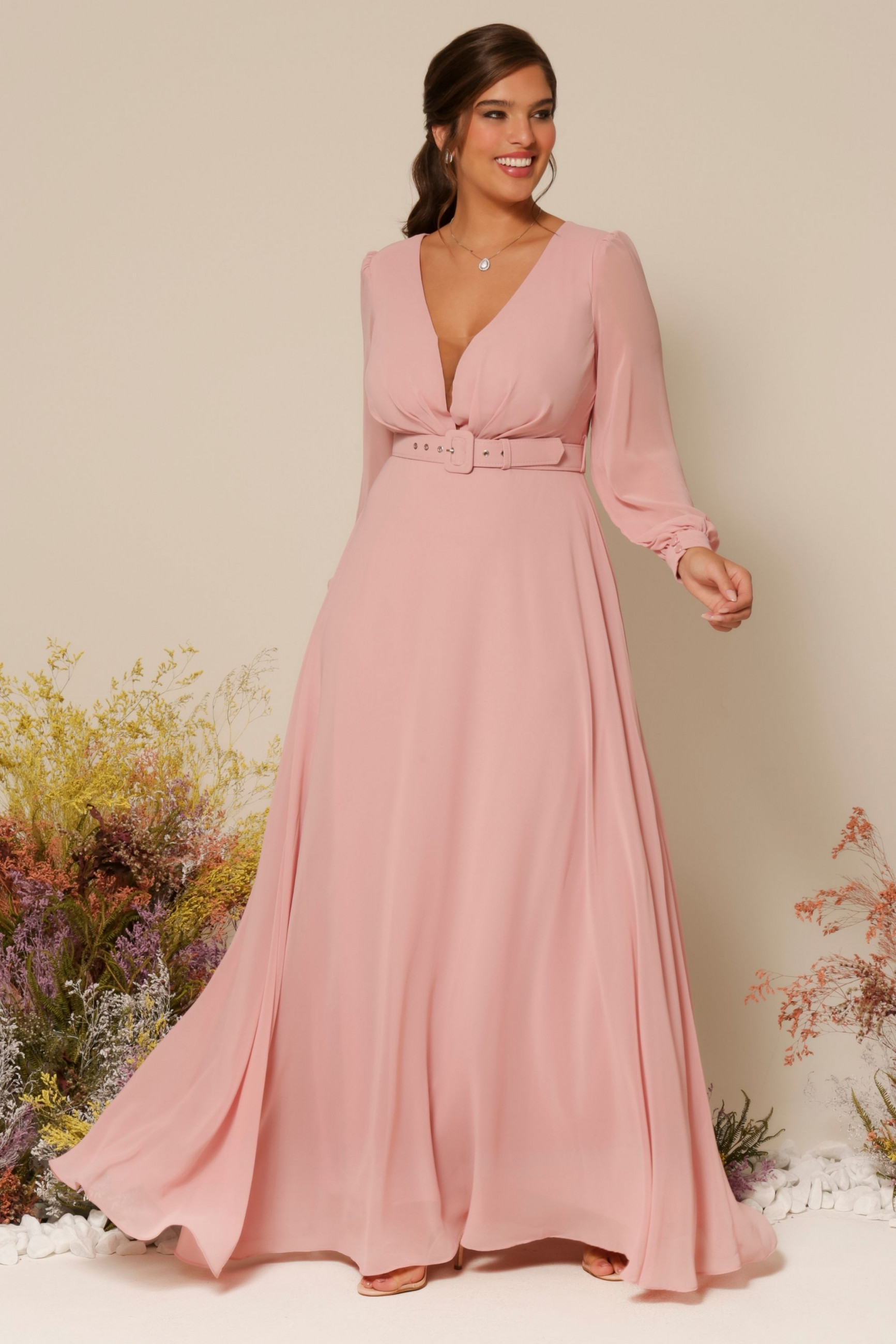 Vestido Festa Madrinha Plus Size Rosa  manga Longo Ladydress