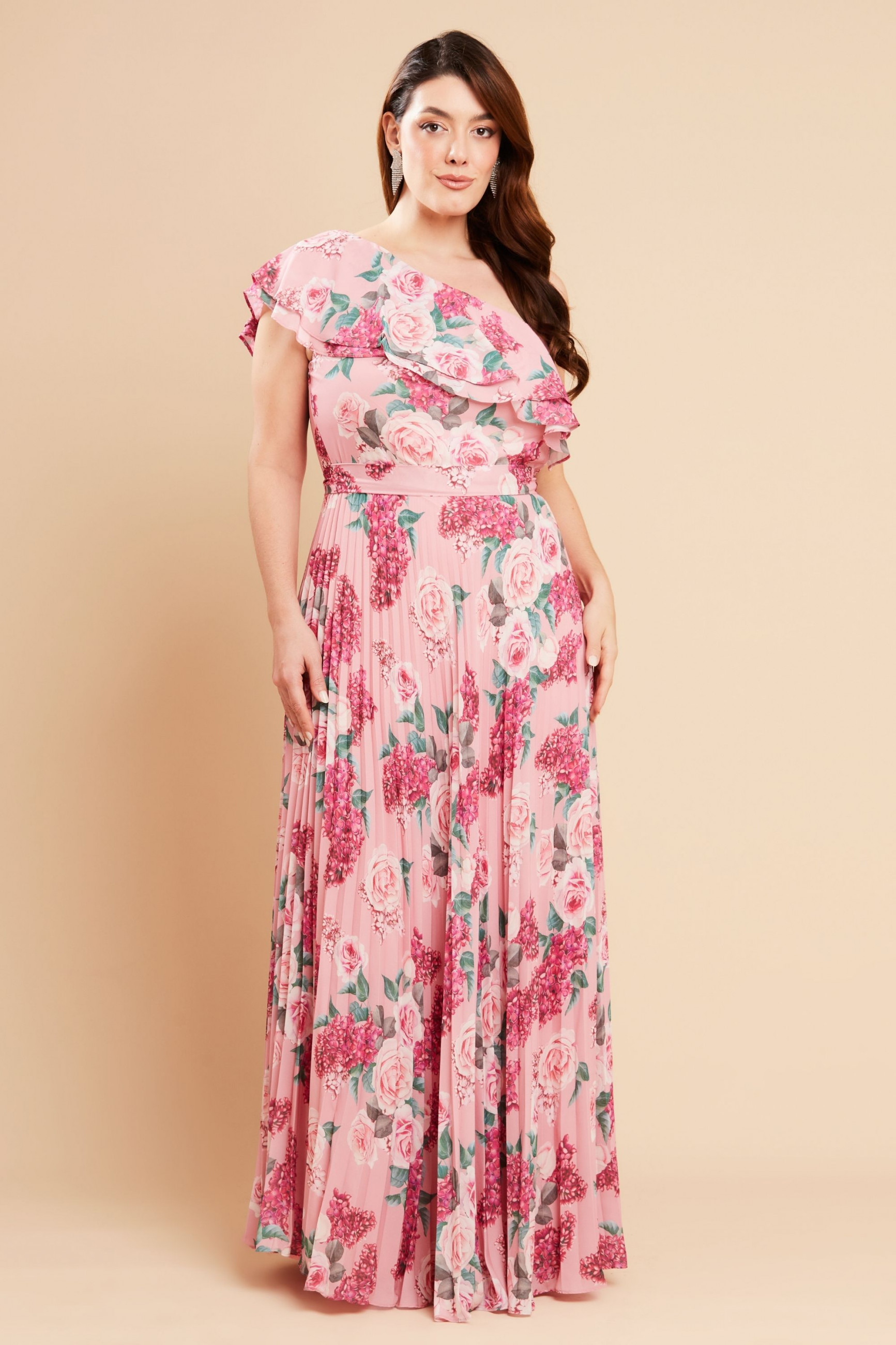 Vestido de Festa Longo Plus Size Estampado Rosa Raquel Ladydress