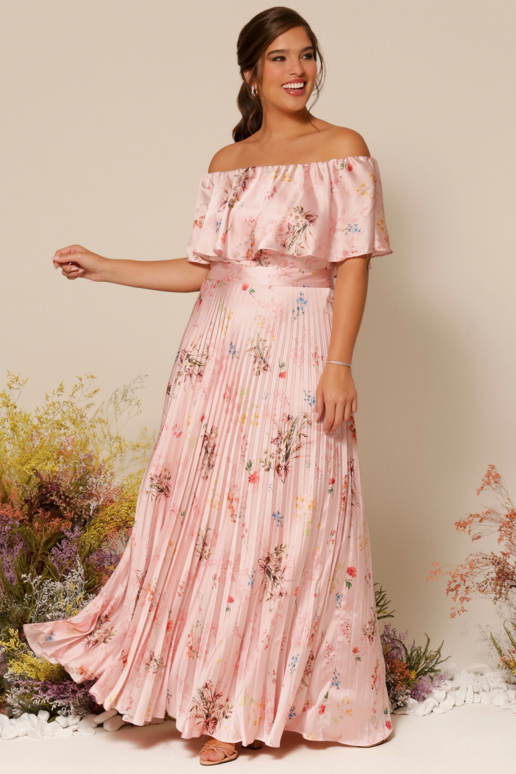 Vestido Festa Madrinha Plus Size Rosa Estampado plissado Longo Ladydress