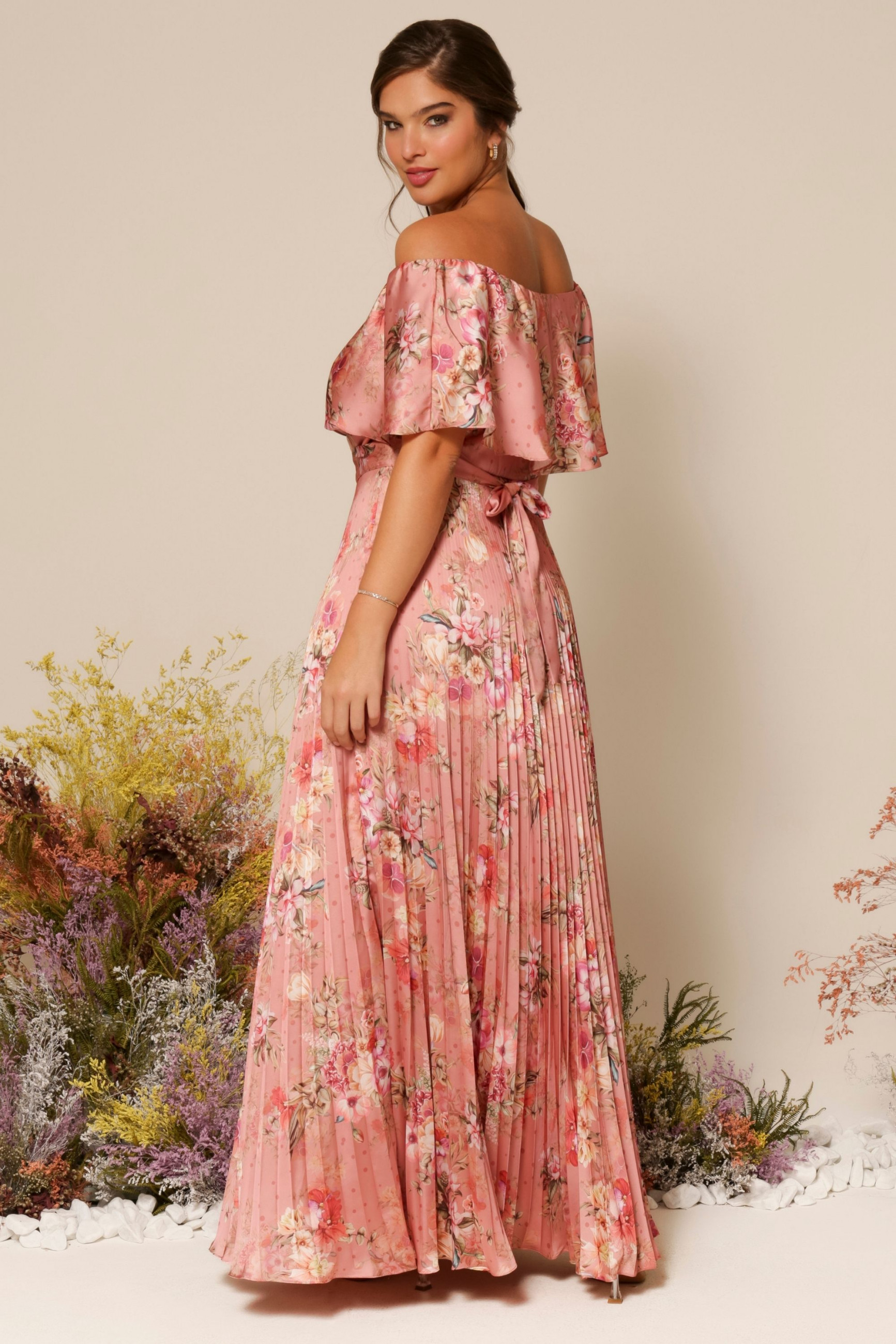 Vestido Festa Madrinha Plus Size Rose Estampado plissado Longo Ladydress