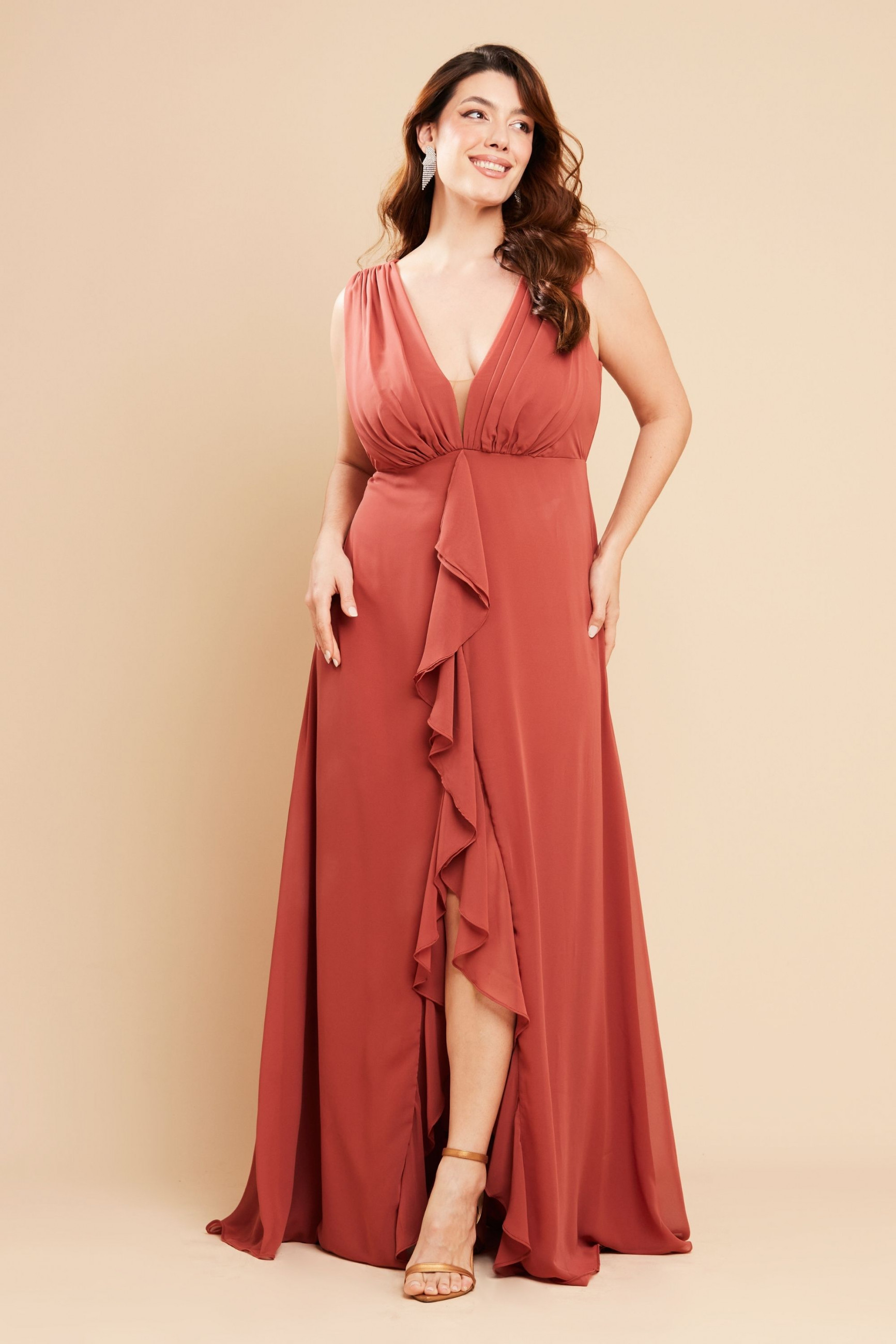 Vestido de Festa Longo Plus Size Terracota Miranda Ladydress