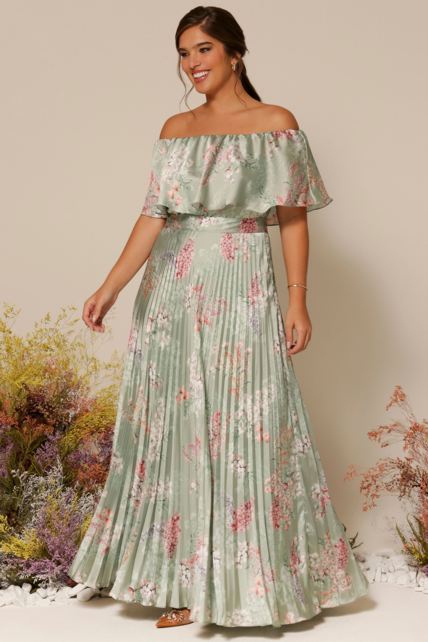 Vestido Festa Madrinha Plus Size Verde Menta Estampado plissado Longo Ladydress
