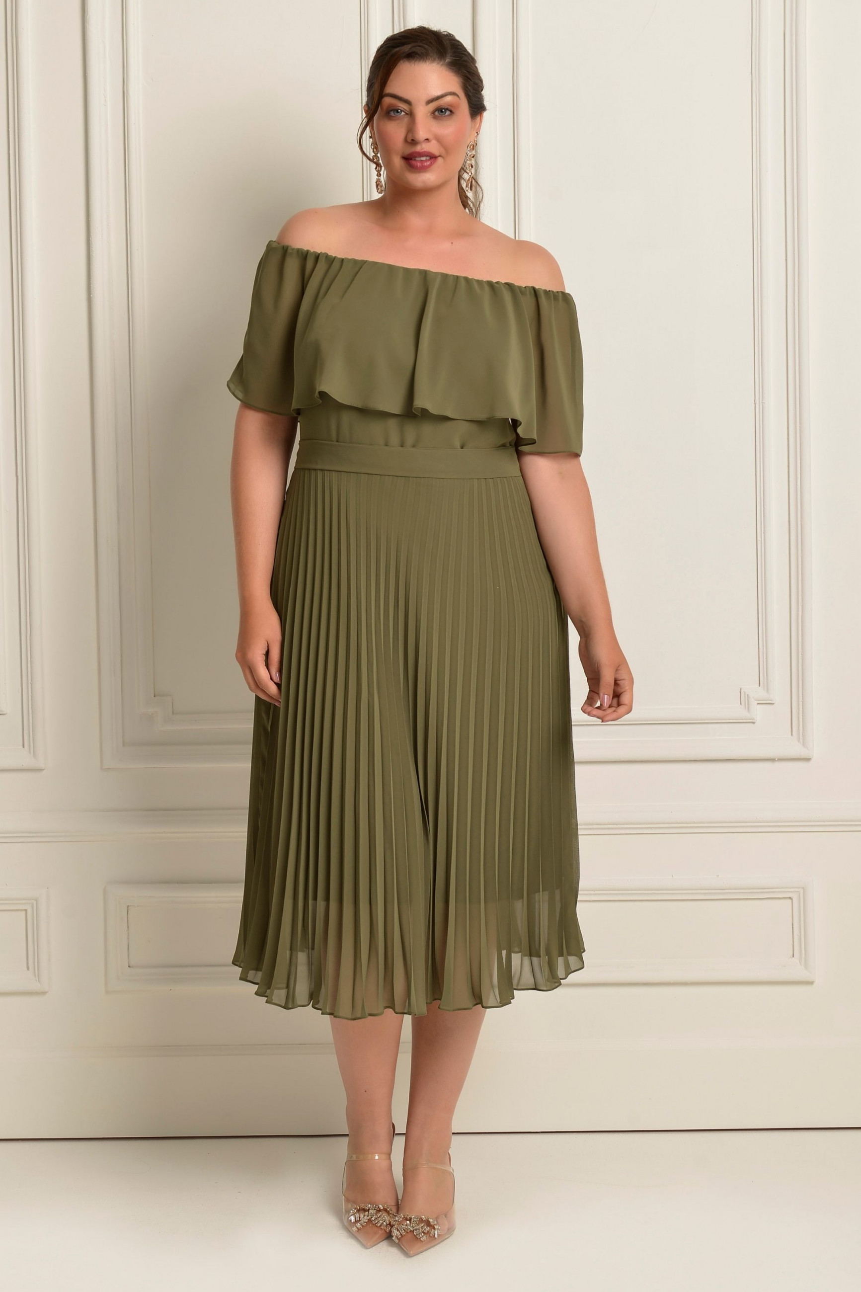 Vestido Festa Madrinha Plus Size Verde Oliva  plissado Midi Ladydress