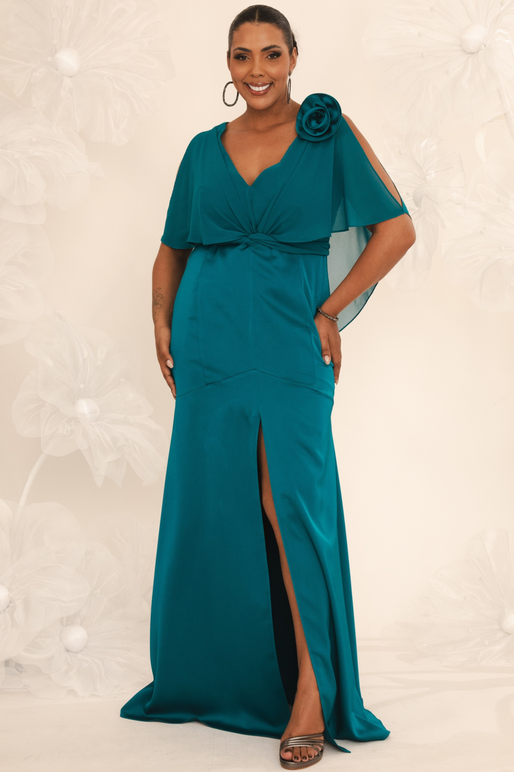 Vestido Festa Madrinha Plus Size Verde Petróleo   Longo Ladydress