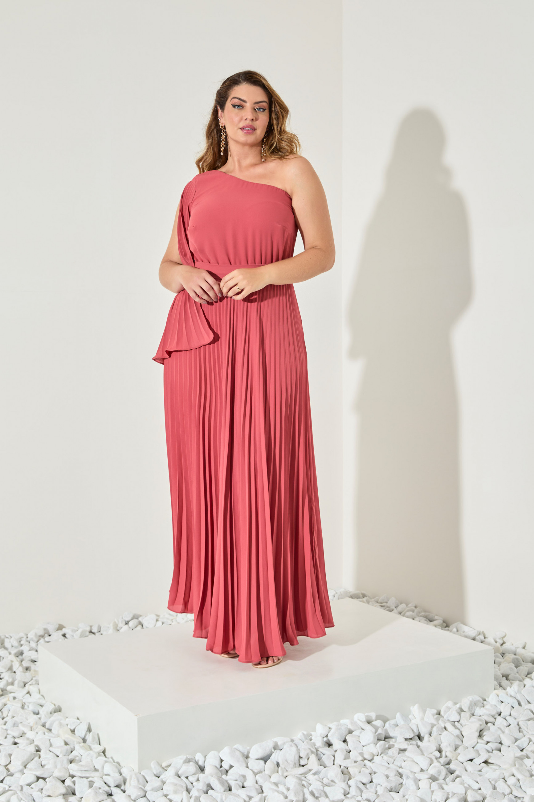 Vestido Festa Madrinha Plus Terracota  manga plissado Longo Ladydress