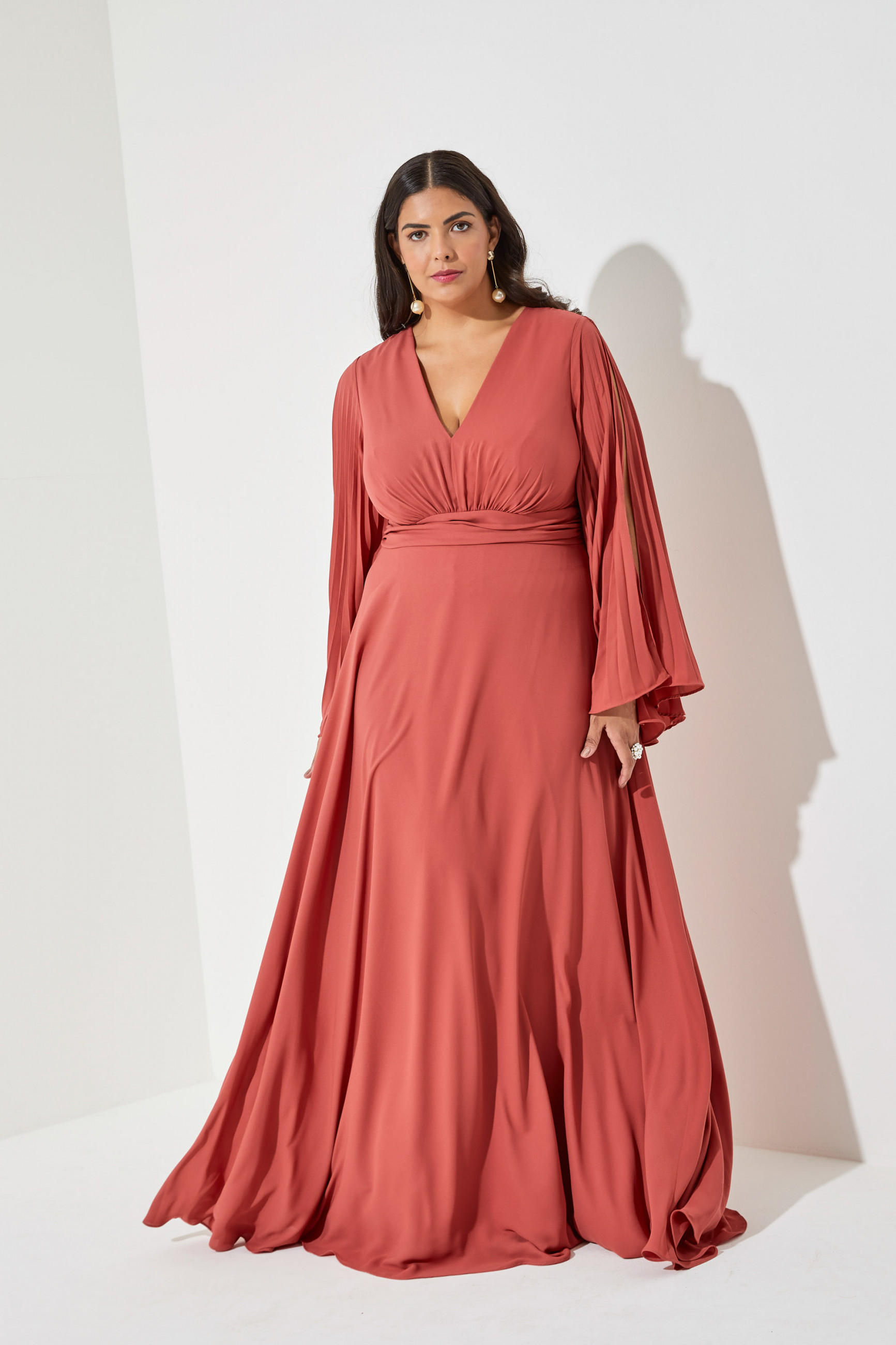 Vestido Festa Madrinha Plus Terracota  manga plissado Longo Ladydress