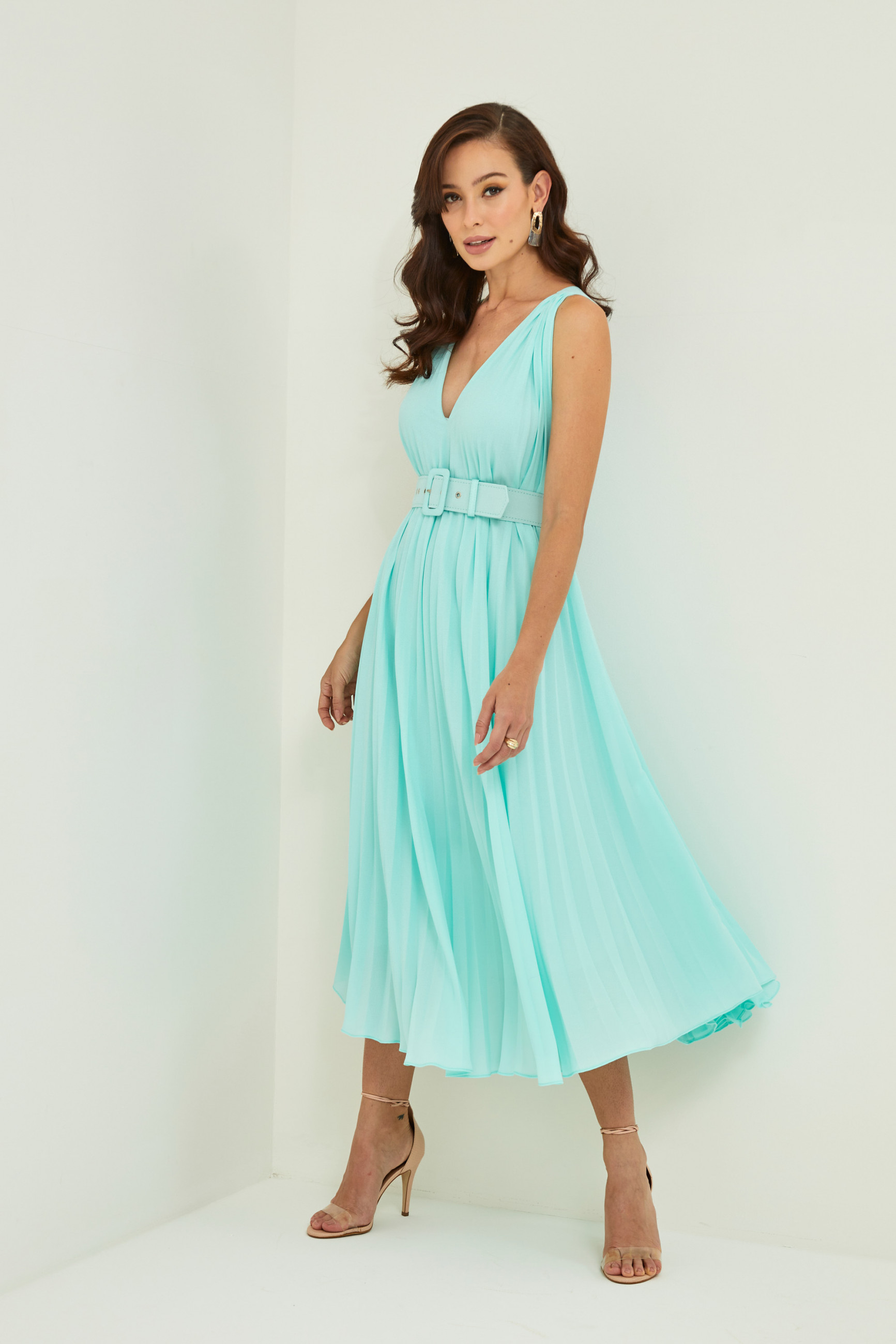 Vestido Festa Madrinha Plus Verde Claro  plissado Midi Ladydress