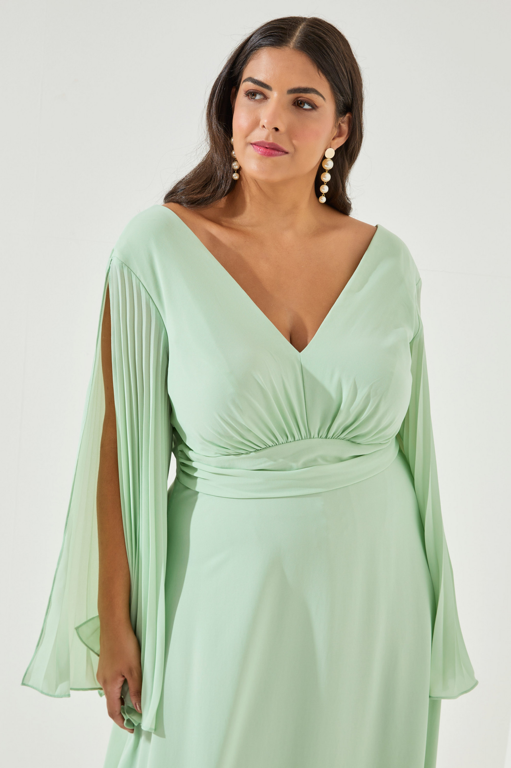 Vestido Festa Madrinha Plus Verde Menta  manga plissado Longo Ladydress