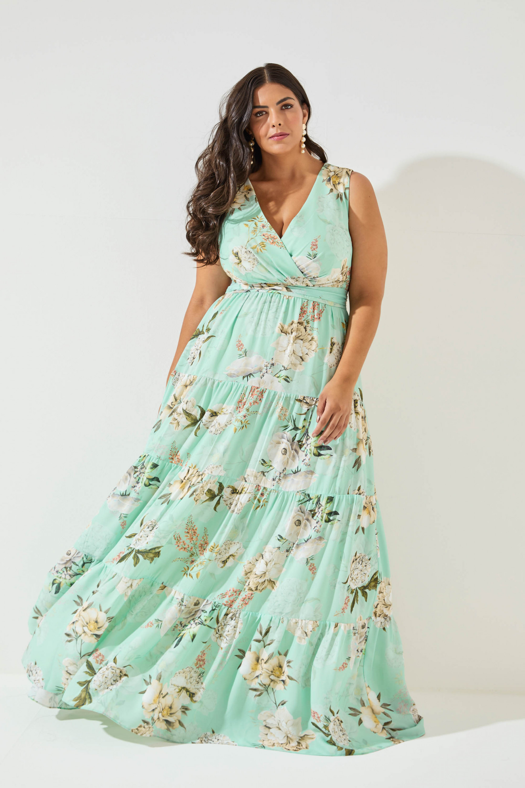 Vestido Festa Madrinha Plus Verde Menta Estampado  Longo Ladydress