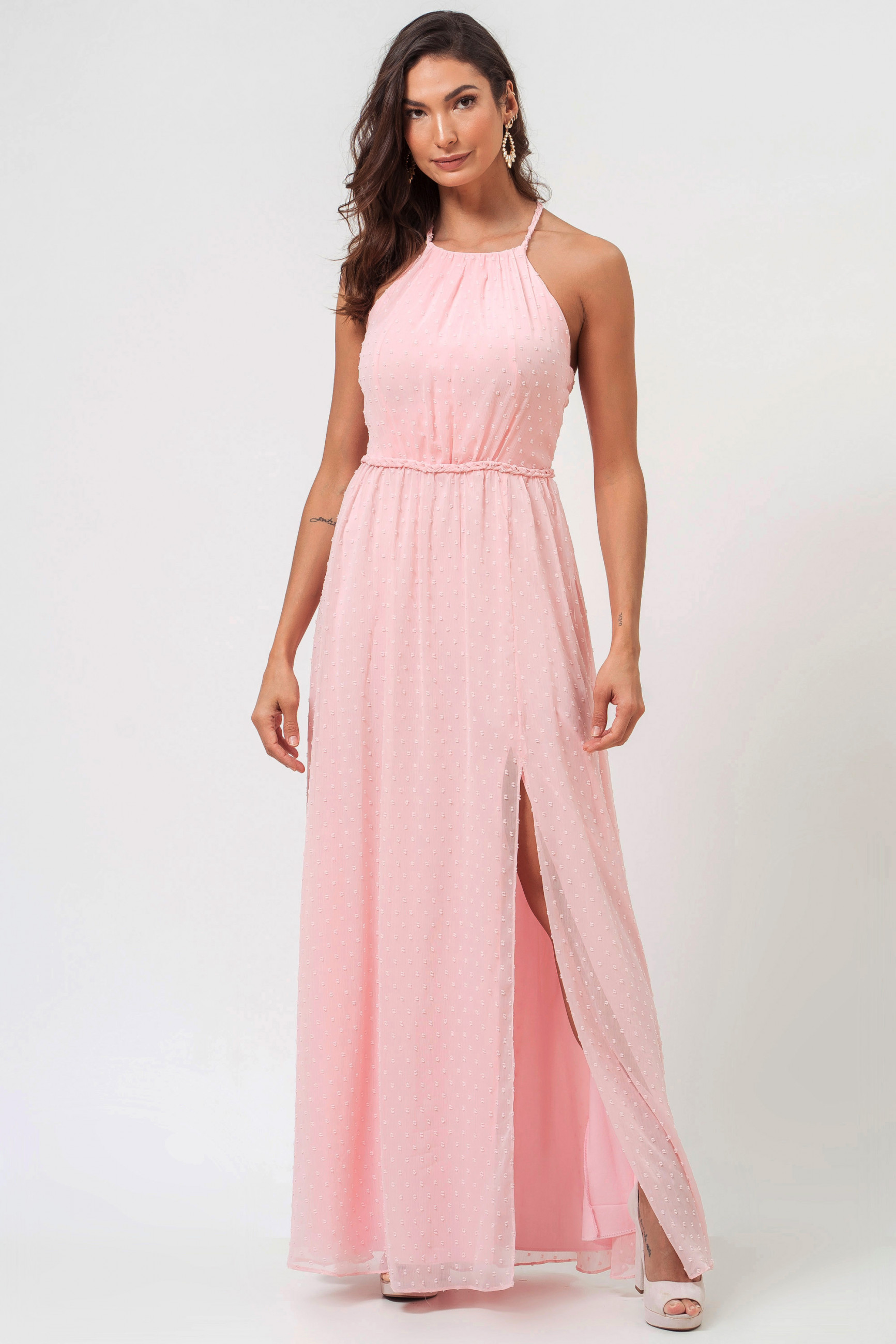 Vestido Festa Madrinha Rosa Decote Halter Alça Trançada Chiffon Poá Fenda Longo Ladydress