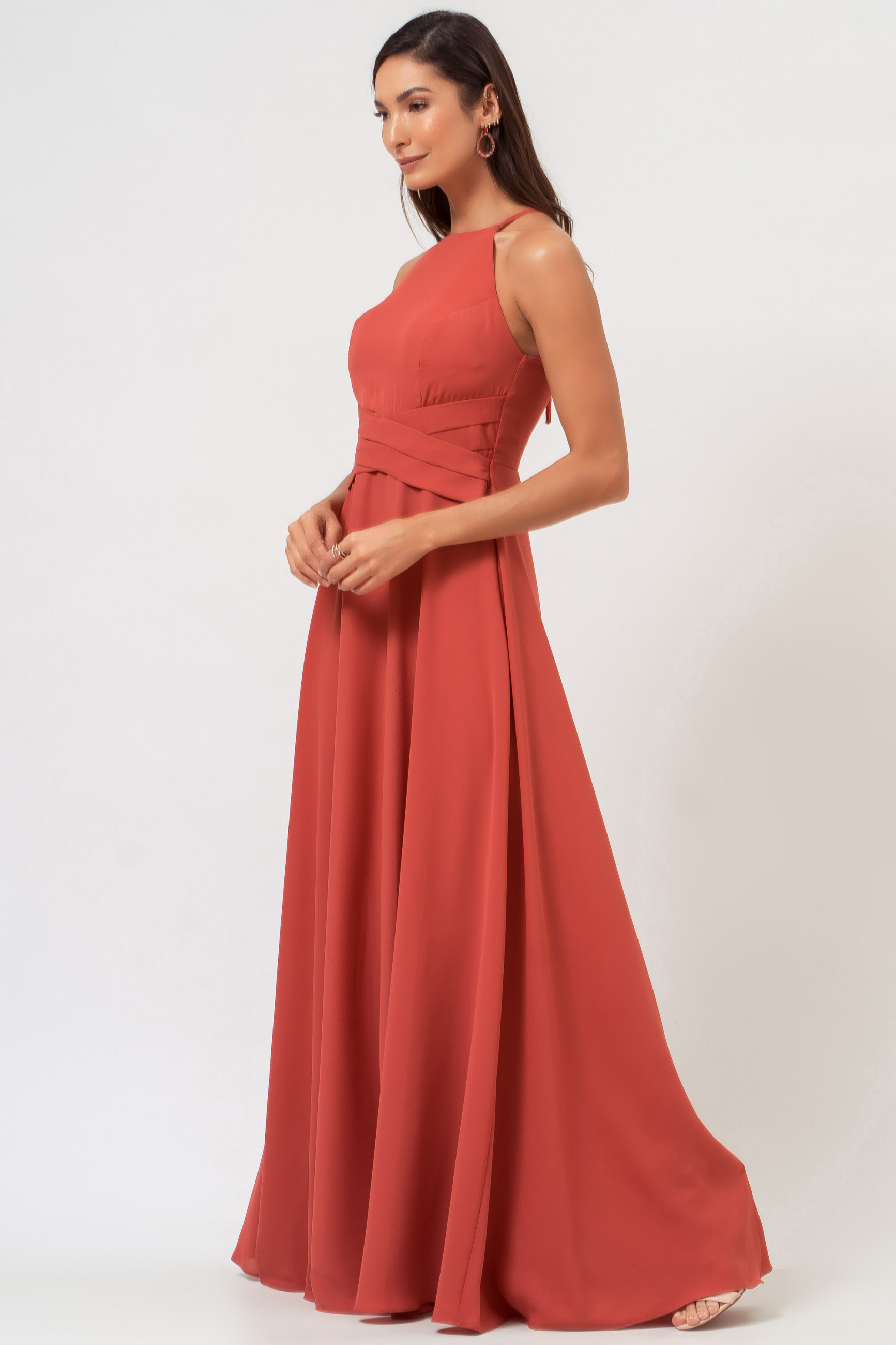 Vestido Festa Madrinha Terracota Decote Halter Tule Trançado Babado Midi Ladydress