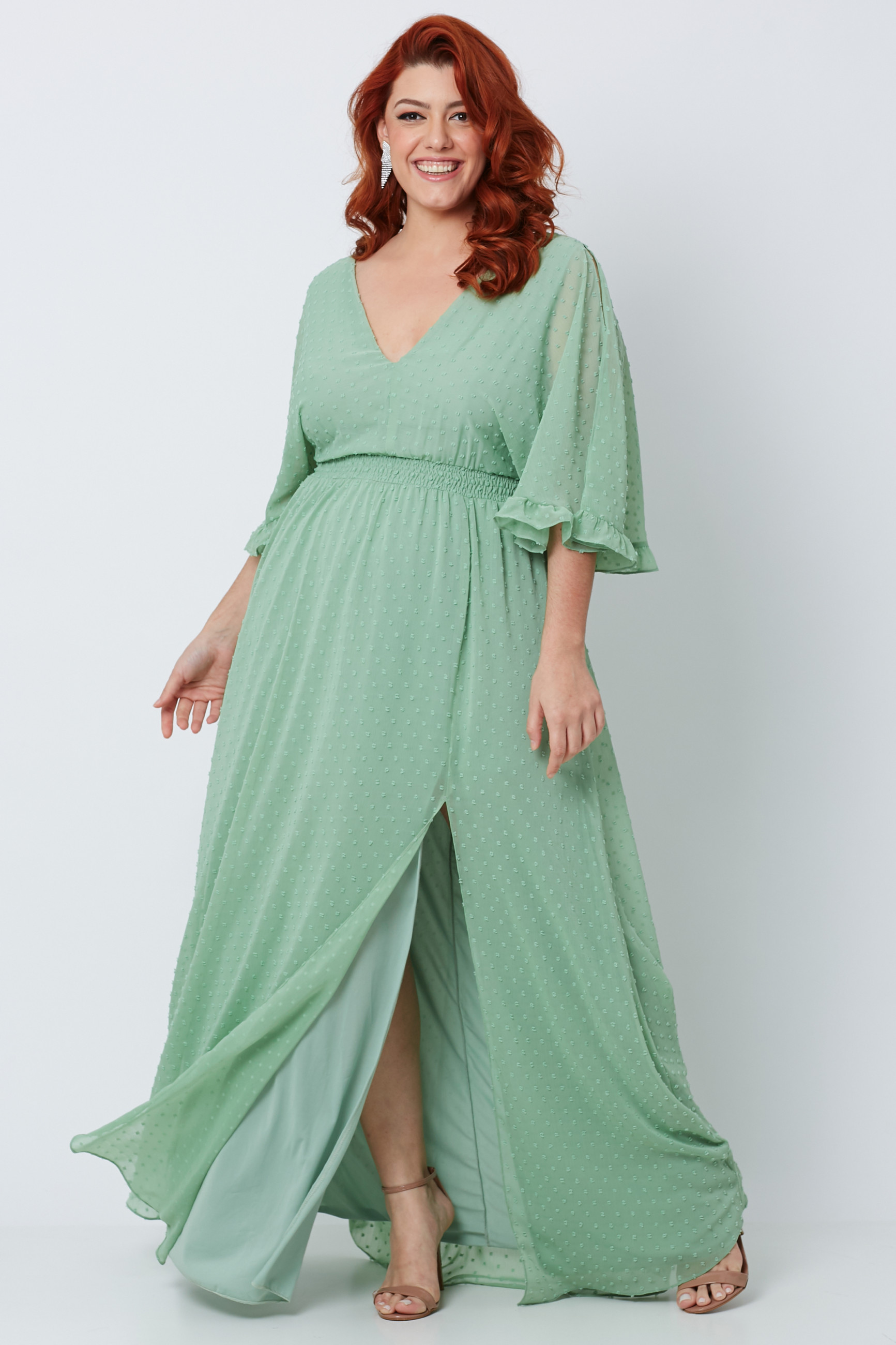 Vestido Festa Madrinha Verde Menta Decote V Chiffon Poá Fenda Longo Ladydress