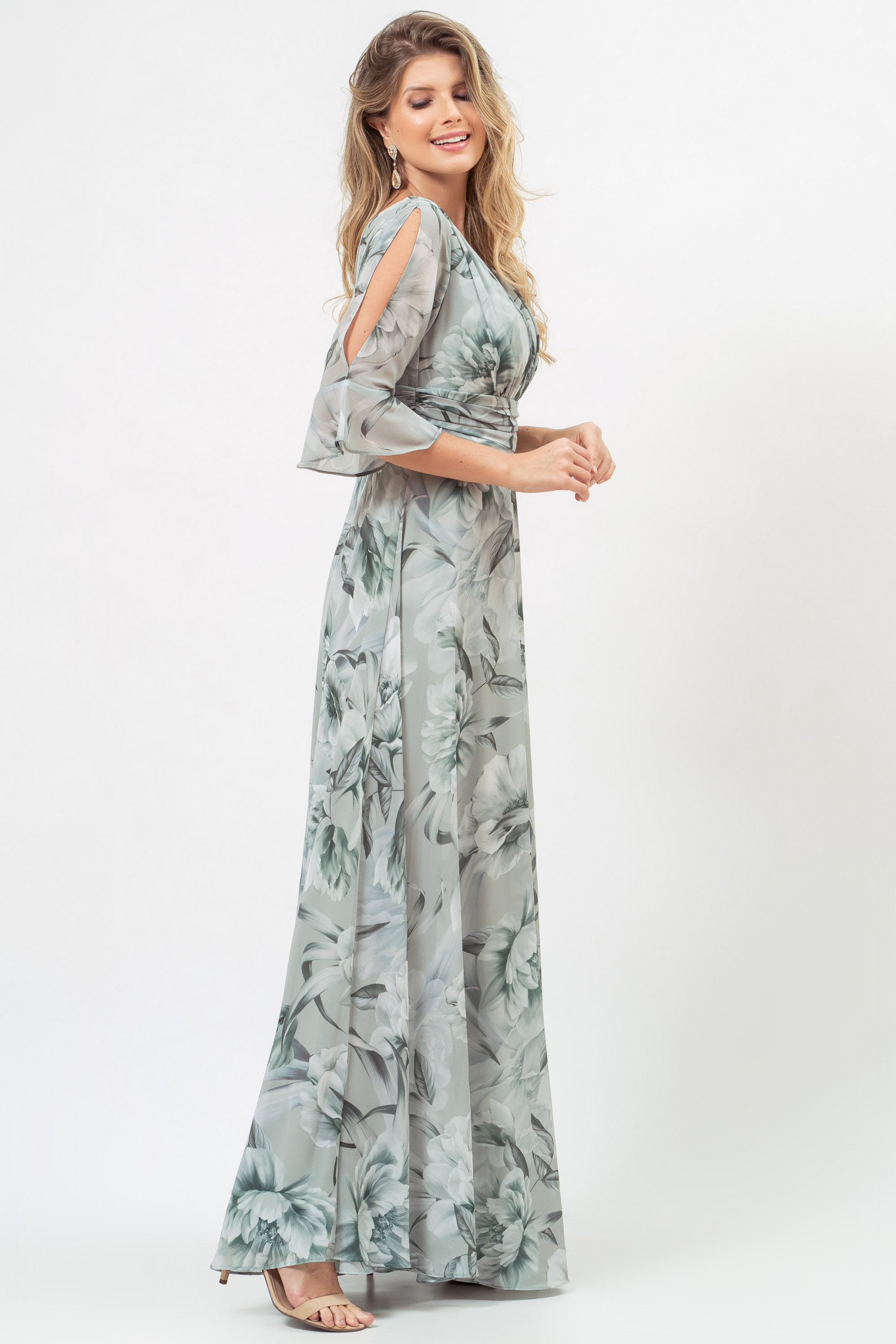 Vestido Festa Madrinha Verde Menta Estampado Chiffon Decote V Babado Longo Ladydress