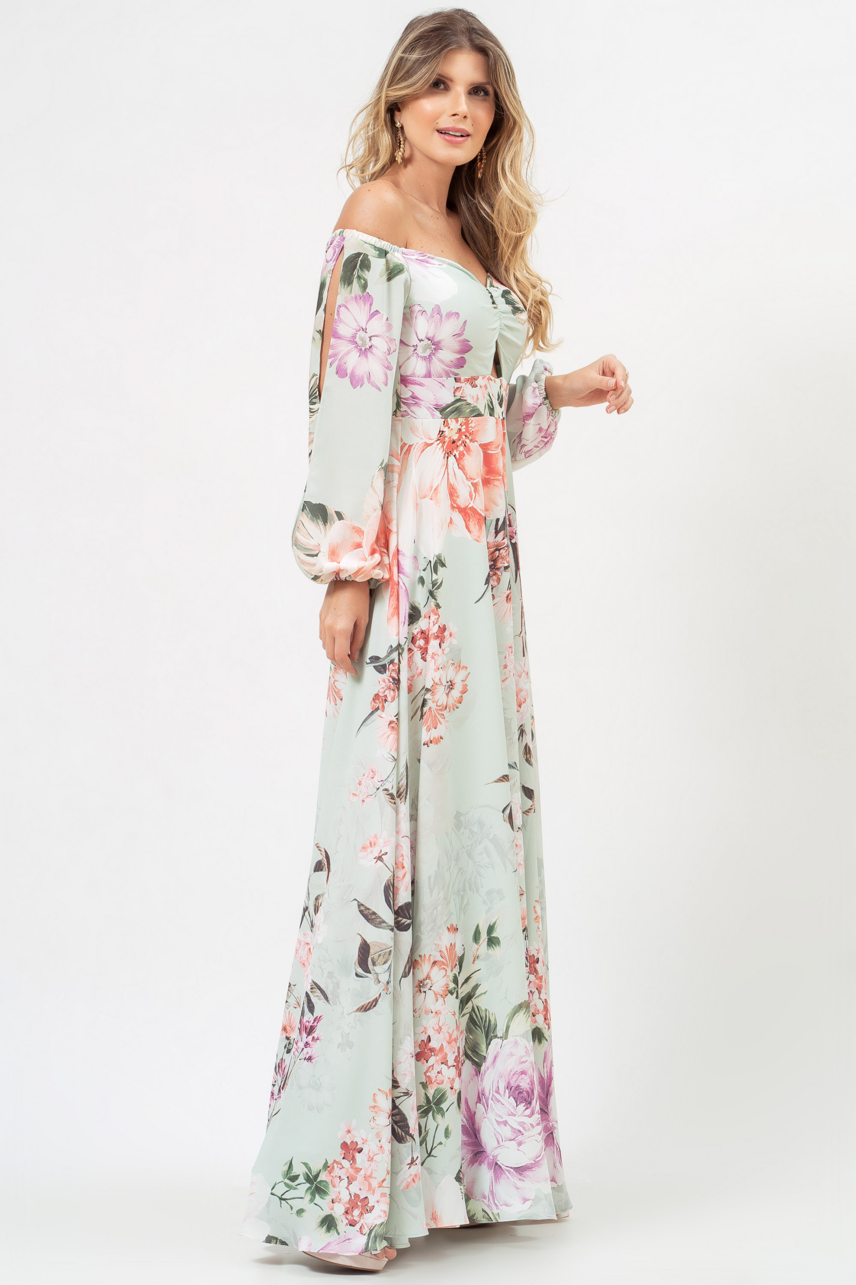 Vestido Longo Estampado Camila Verde Menta