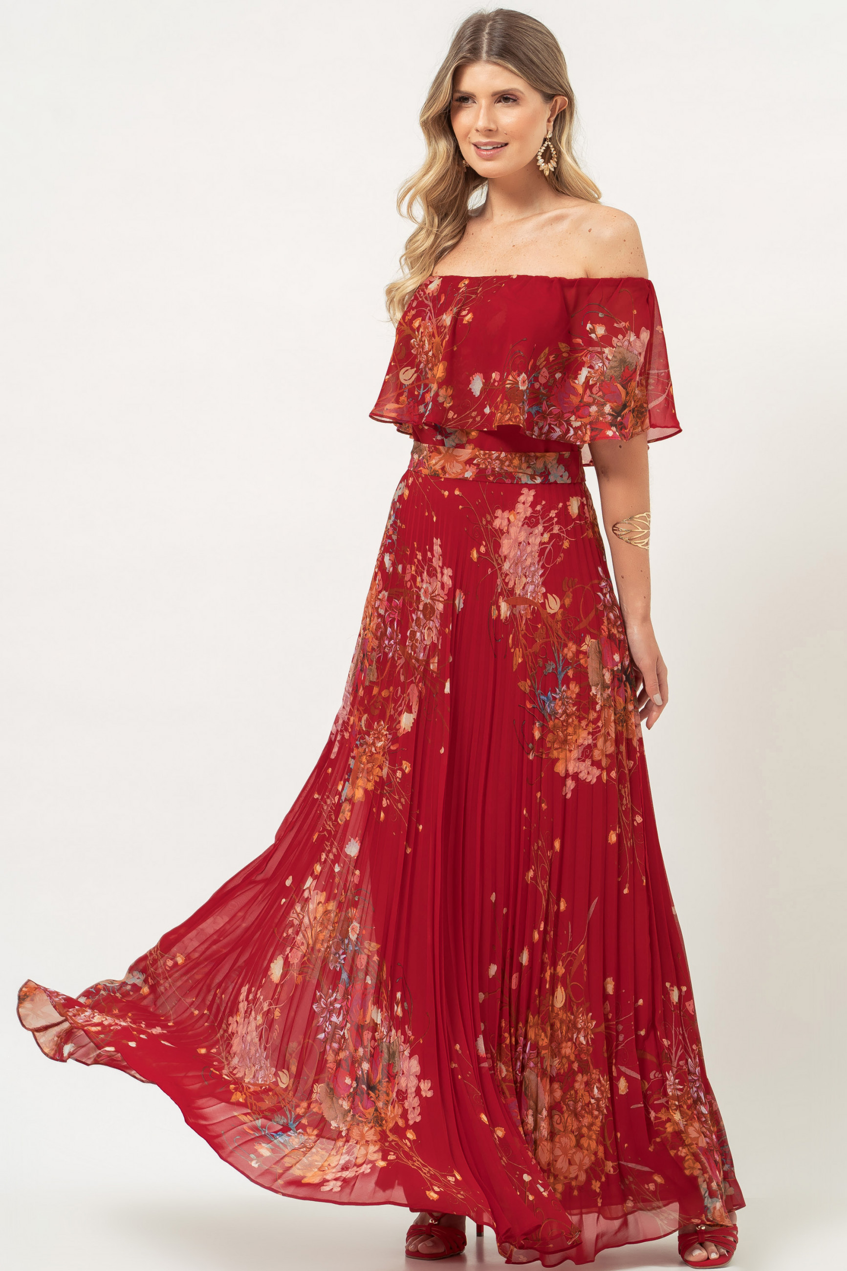 Vestido Longo Estampado Rafaela Vermelho