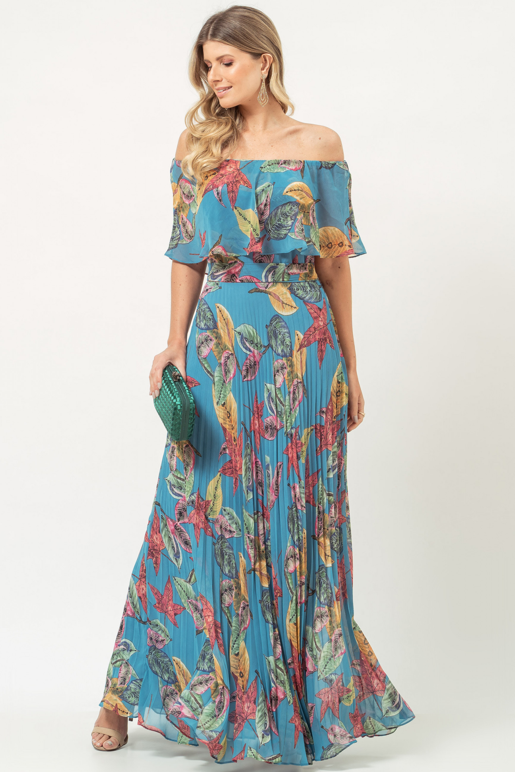 Vestido Longo Estampado Rafaela Azul Turquesa