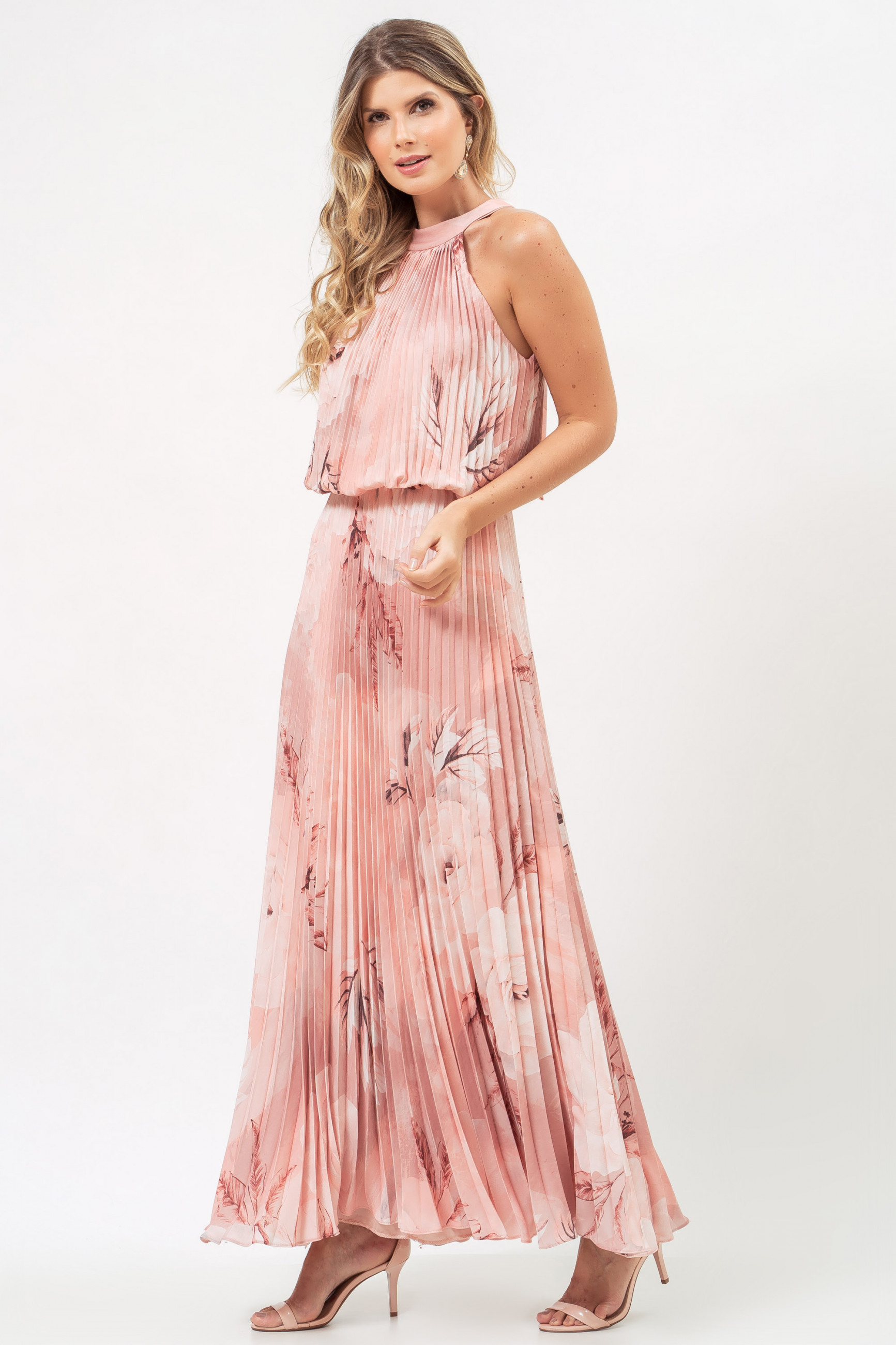 Vestido Longo Estampado Cris Rosa