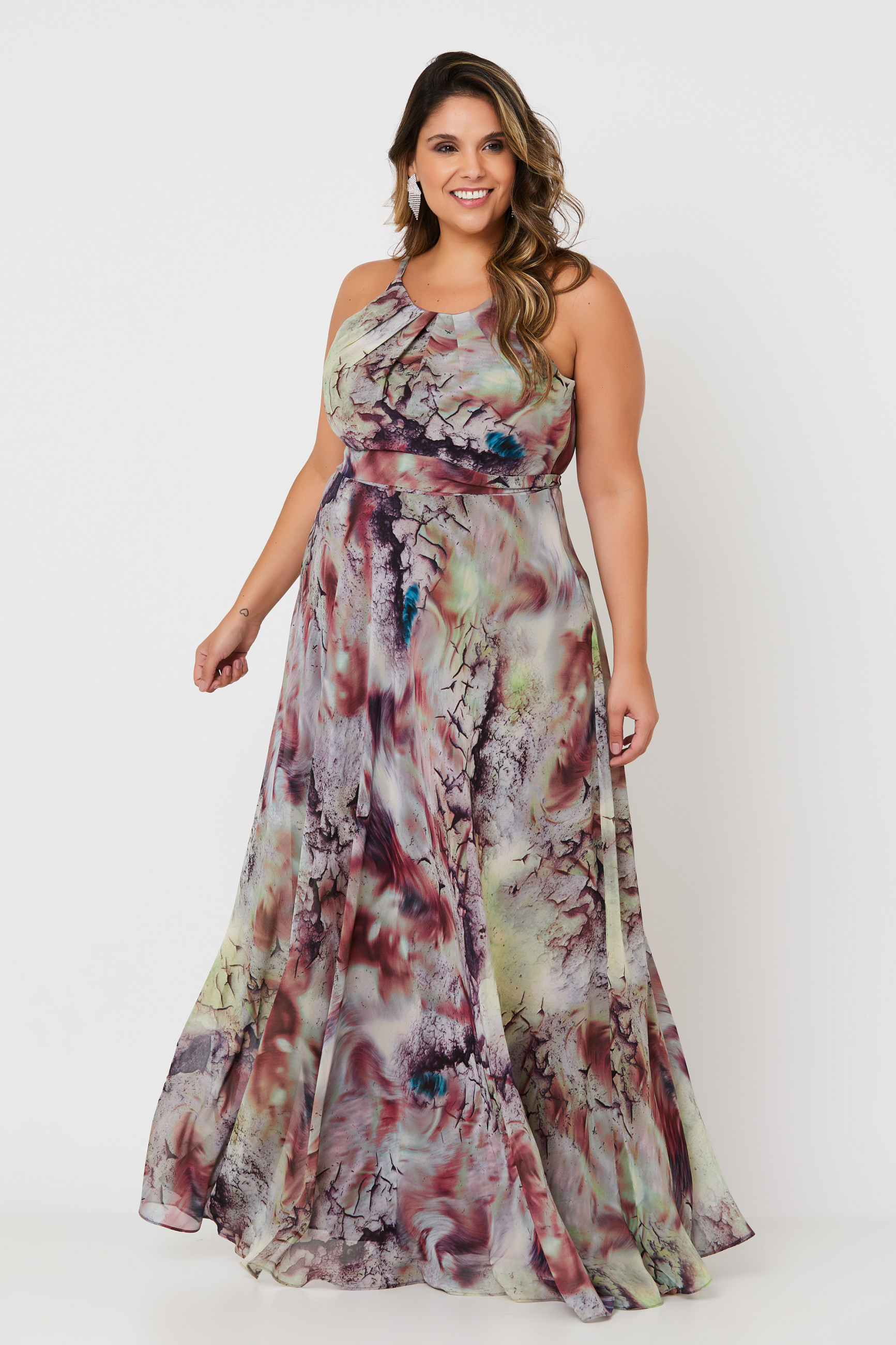 Vestido Longo Estampado Maria Roxo