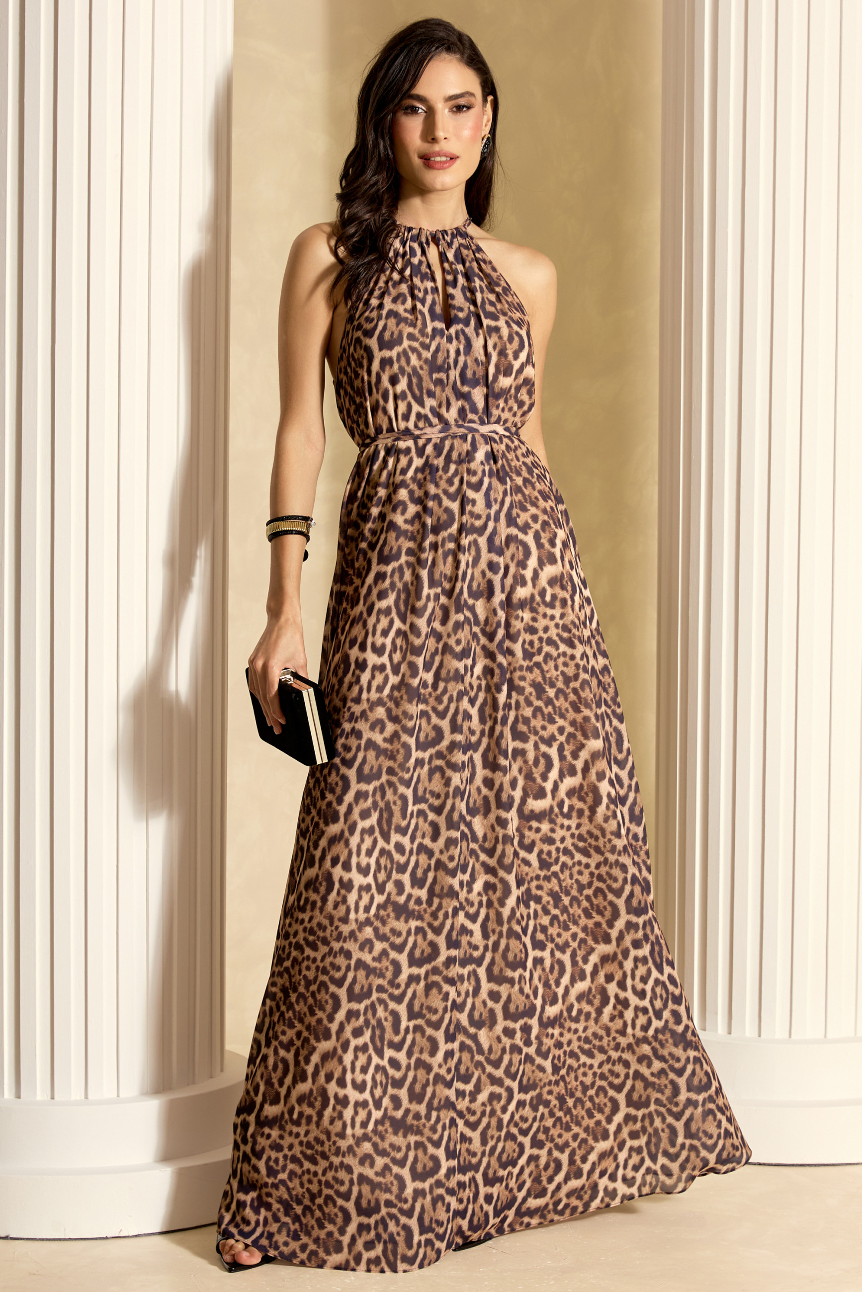 Vestido de Festa Longo Estampado Marrom Avery Ladydress