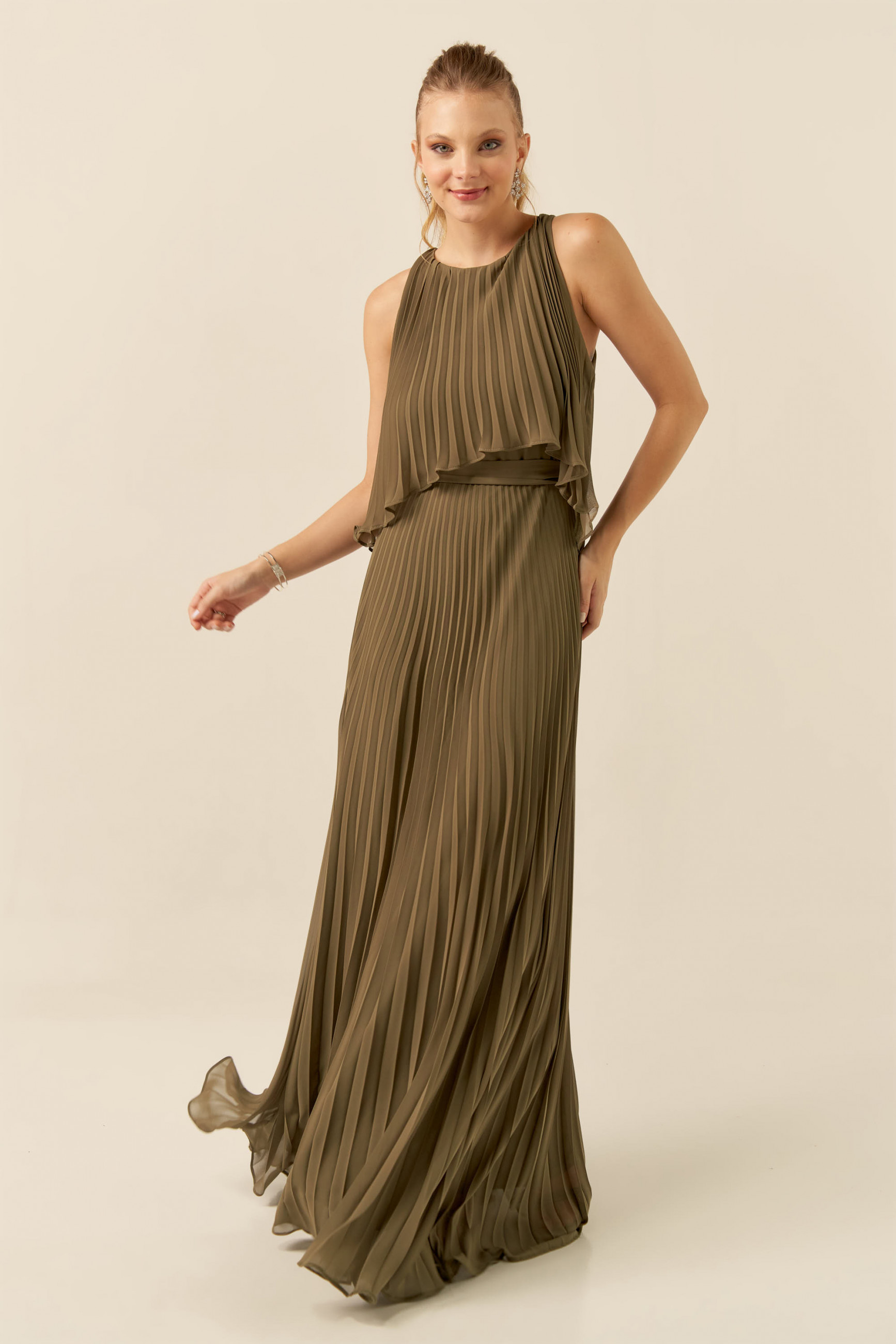 Vestido Festa Madrinha  Verde Oliva  plissado Longo Ladydress