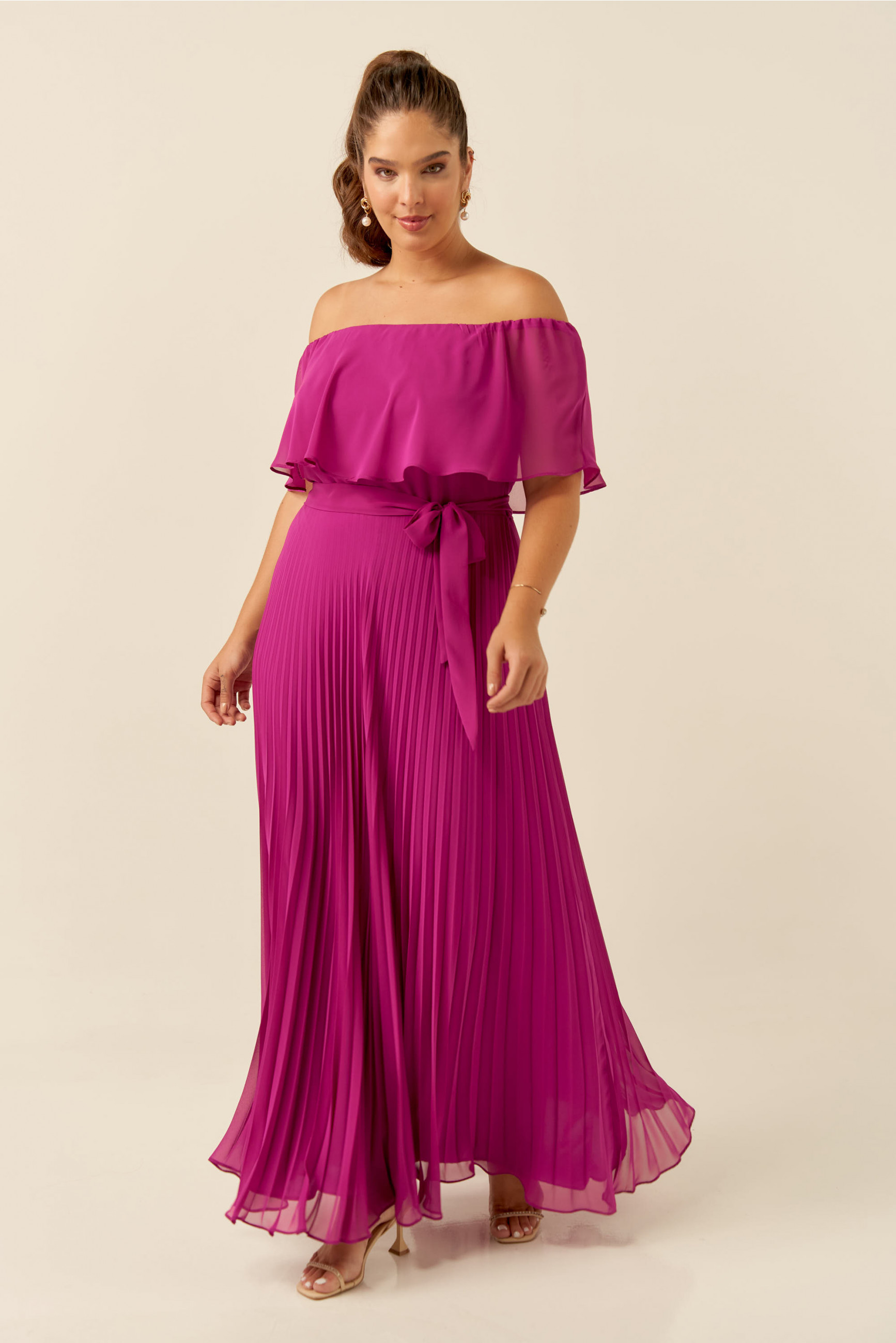 Vestido Festa Madrinha Plus Size Fúcsia  babado Longo Ladydress