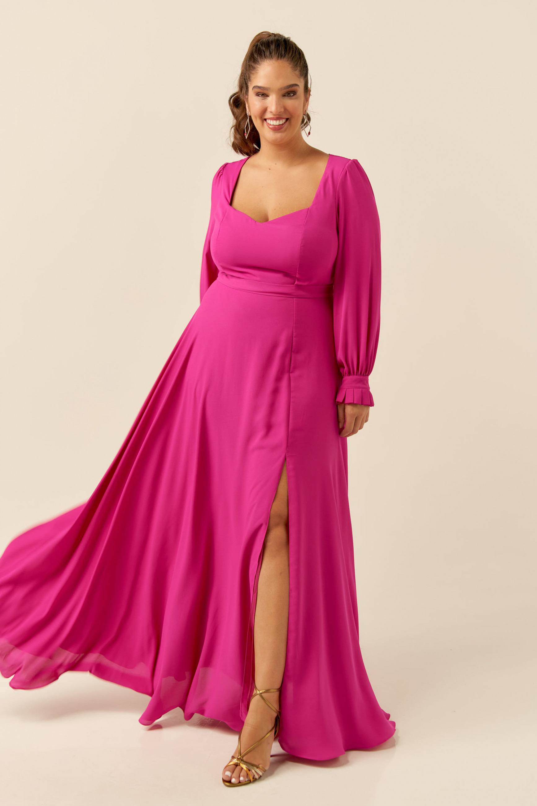 Vestido Festa Madrinha Plus Size Fúcsia  decote fenda Longo Ladydress