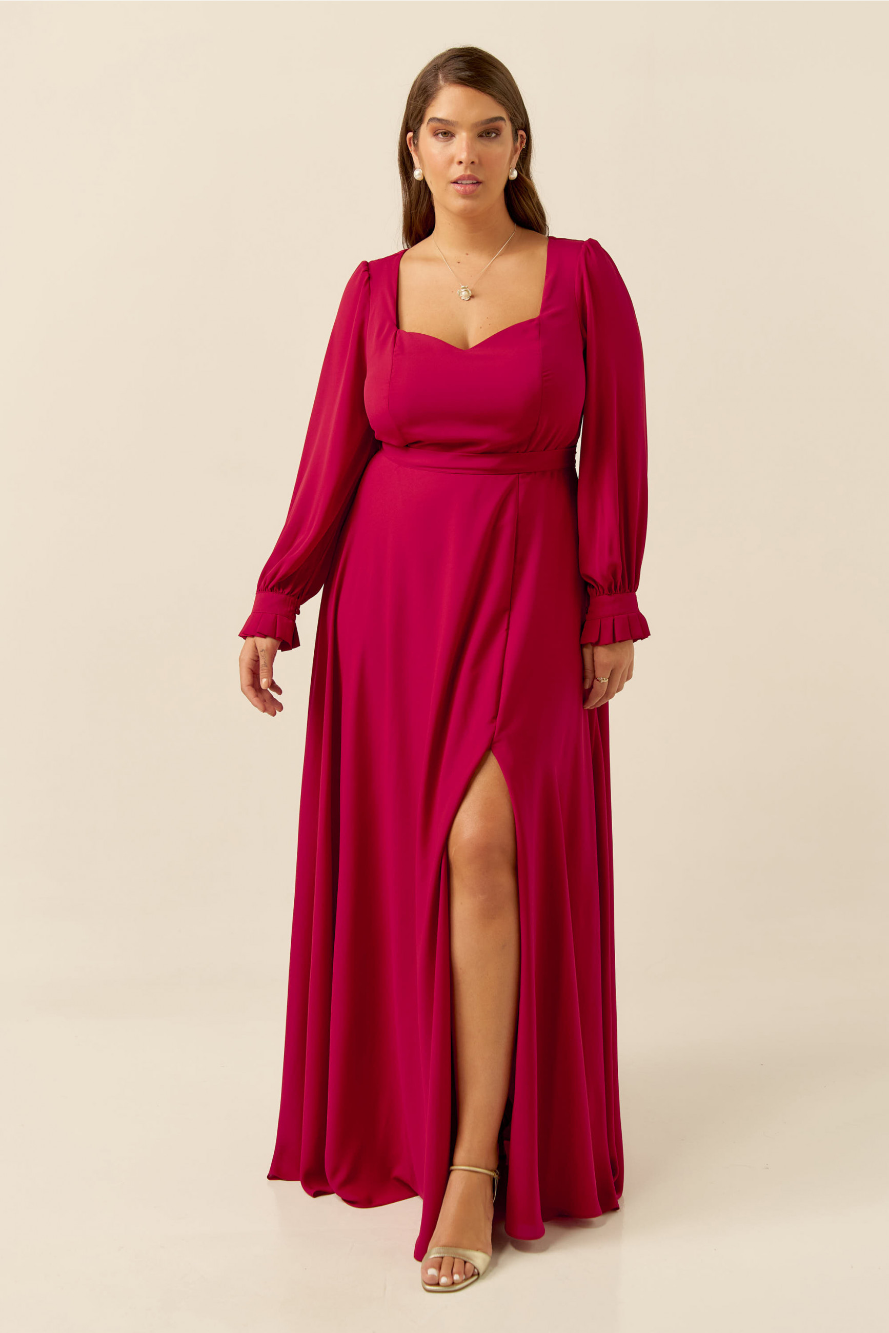 Vestido Festa Madrinha Plus Size Marsala  manga Longo Ladydress