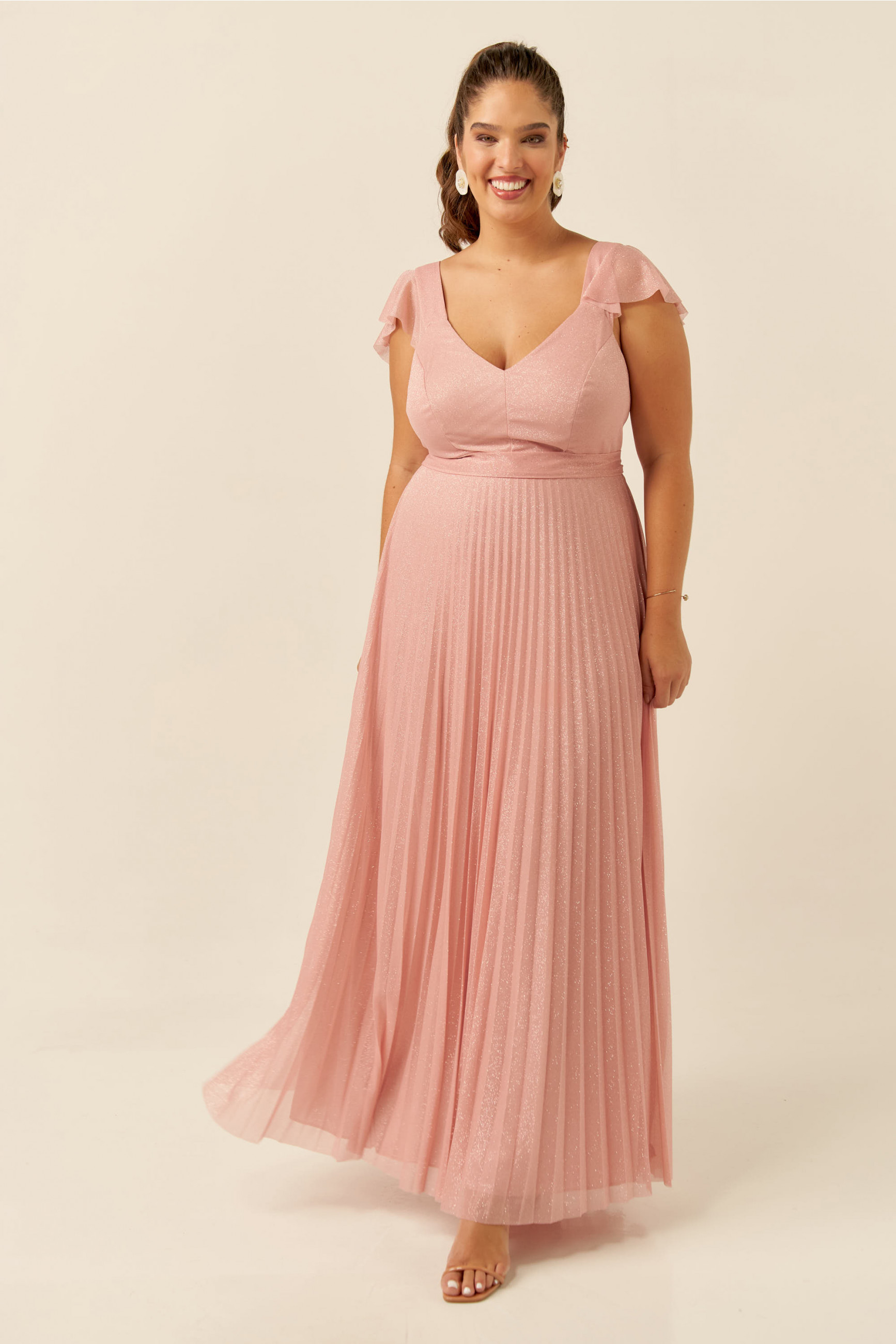 Vestido Festa Madrinha Plus Size Rosa Nude  glitter Longo Ladydress