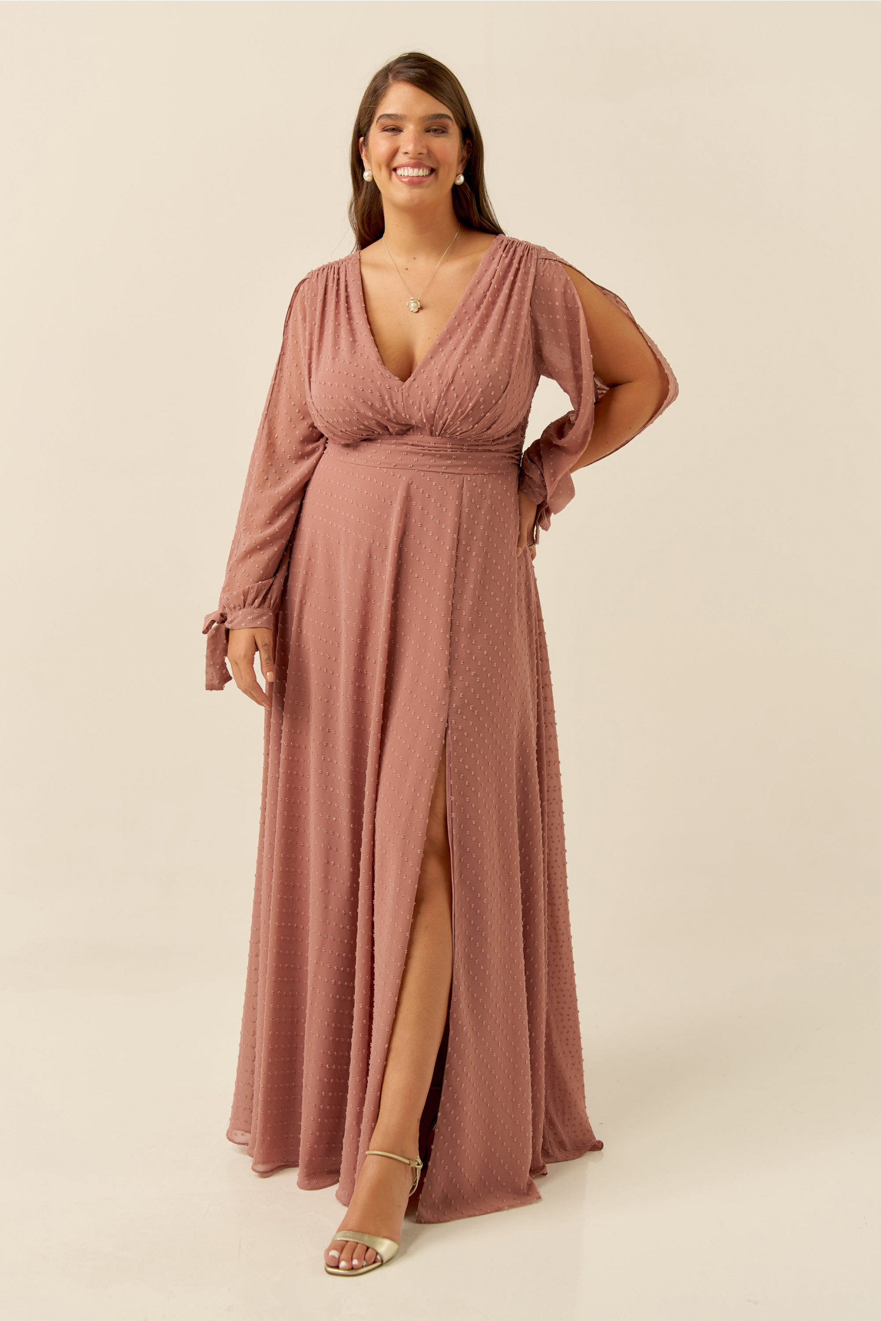 Vestido Festa Madrinha Plus Size Rose  Decote V Longo Ladydress